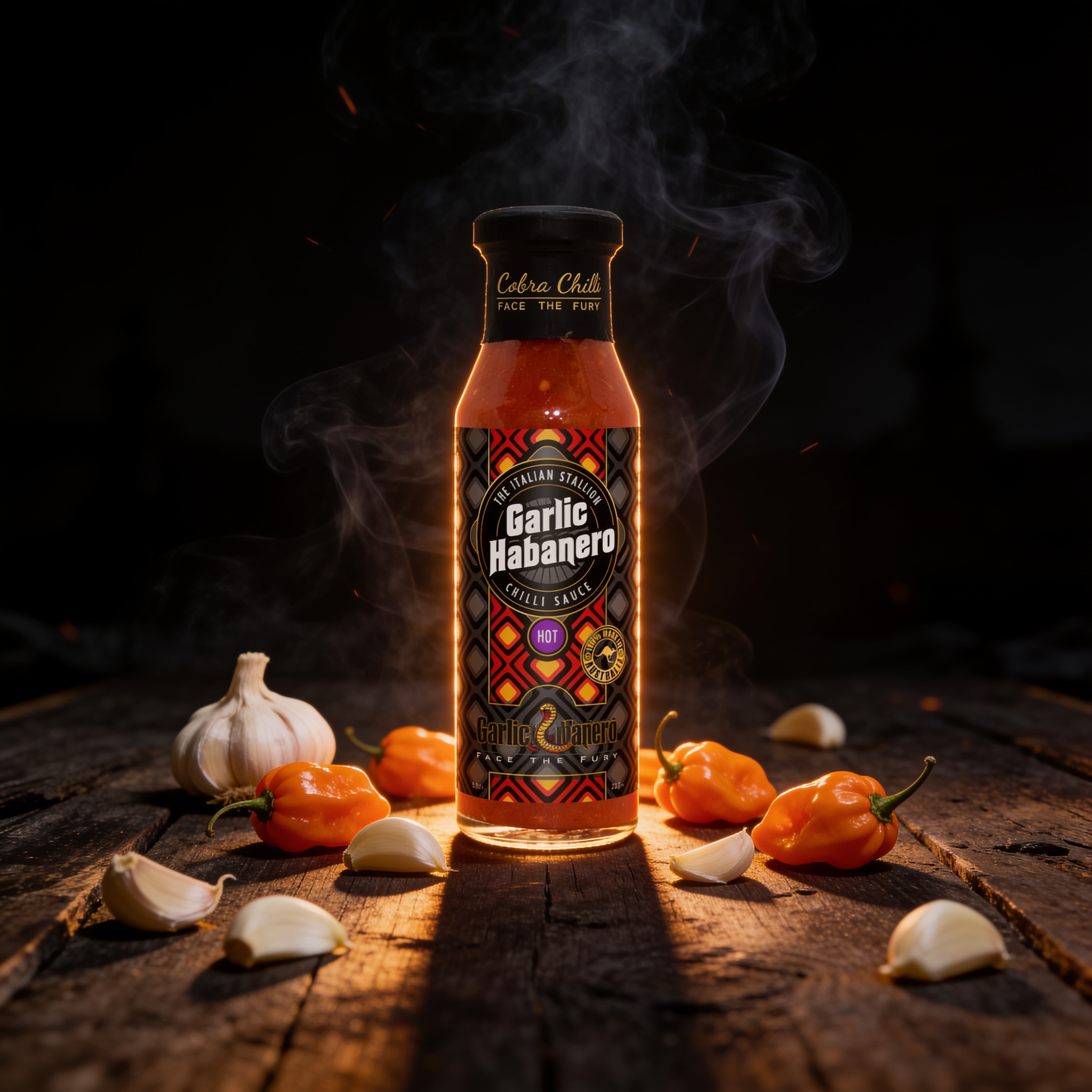 Cobra Chilli Garlic Habanero Chilli Sauce Hot 250ml Hot Sauce — styled hero beauty shot in the Cobra Chilli dark gothic western aesthetic