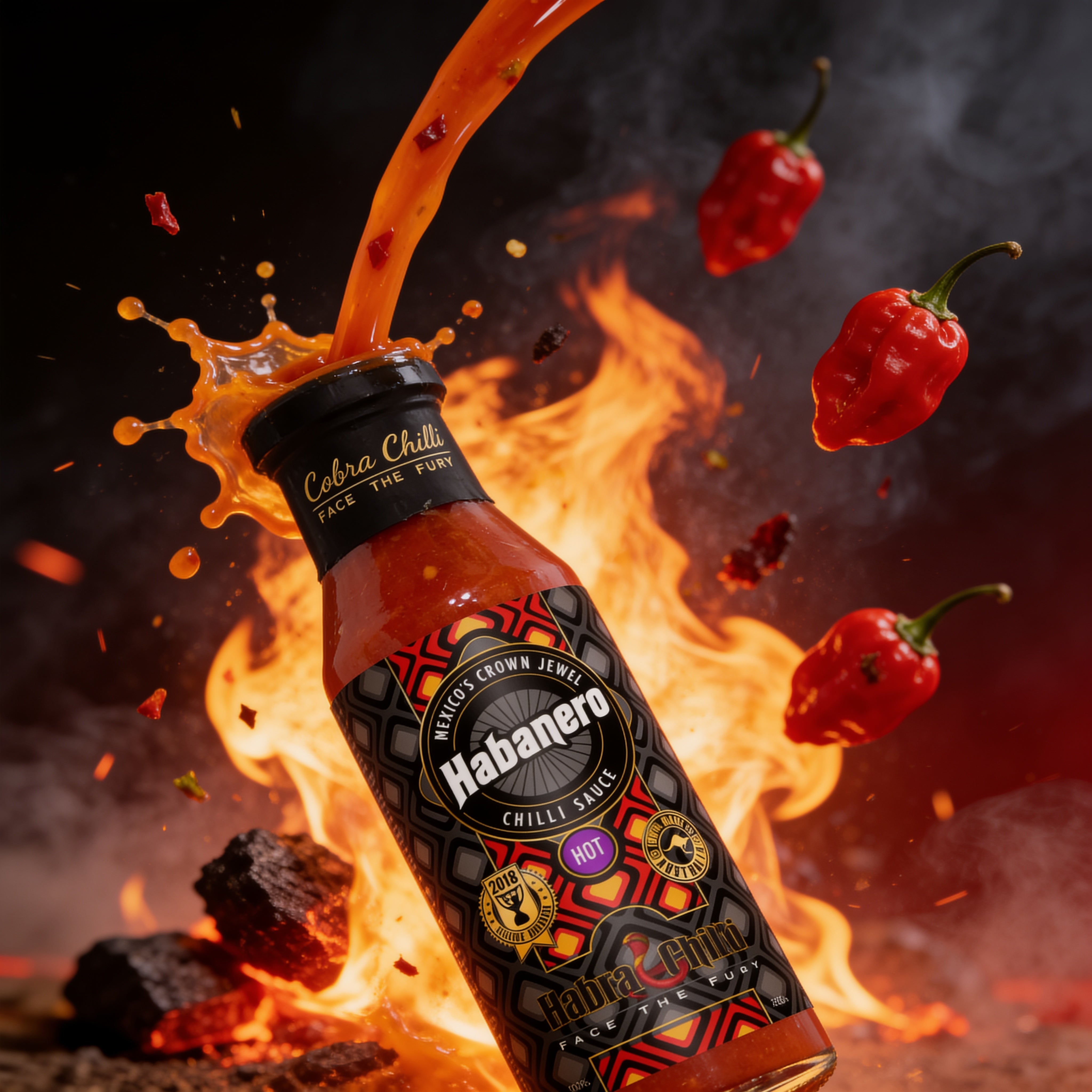 Cobra Chilli Habanero Chilli Sauce Hot 250ml Hot Sauce — dynamic pouring action shot with fire and chilli splash