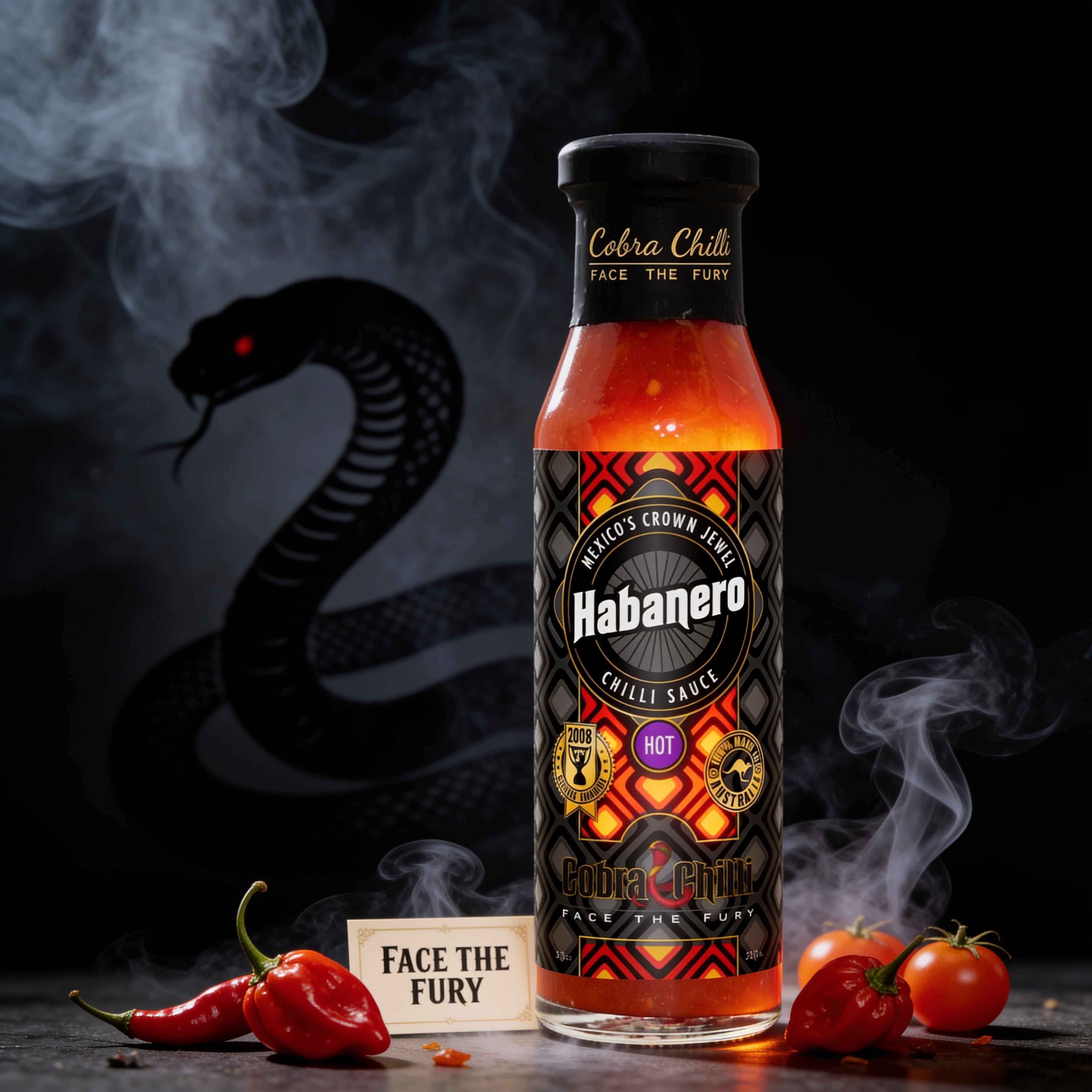 Cobra Chilli Habanero Chilli Sauce Hot 250ml Hot Sauce — styled hero shot with Face the Fury brand identity