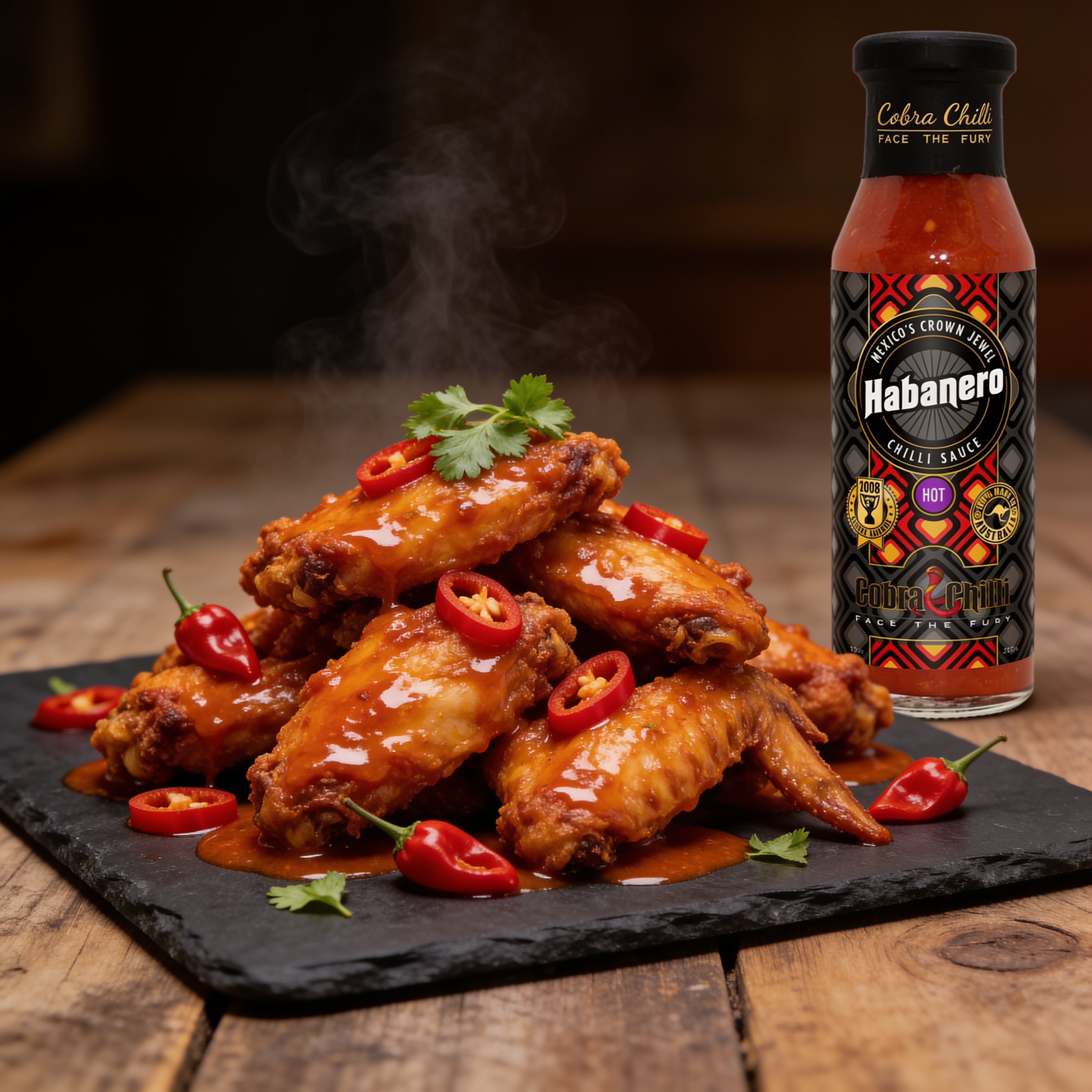 Cobra Chilli Habanero Chilli Sauce Hot 250ml Hot Sauce — drizzled over crispy chicken wings