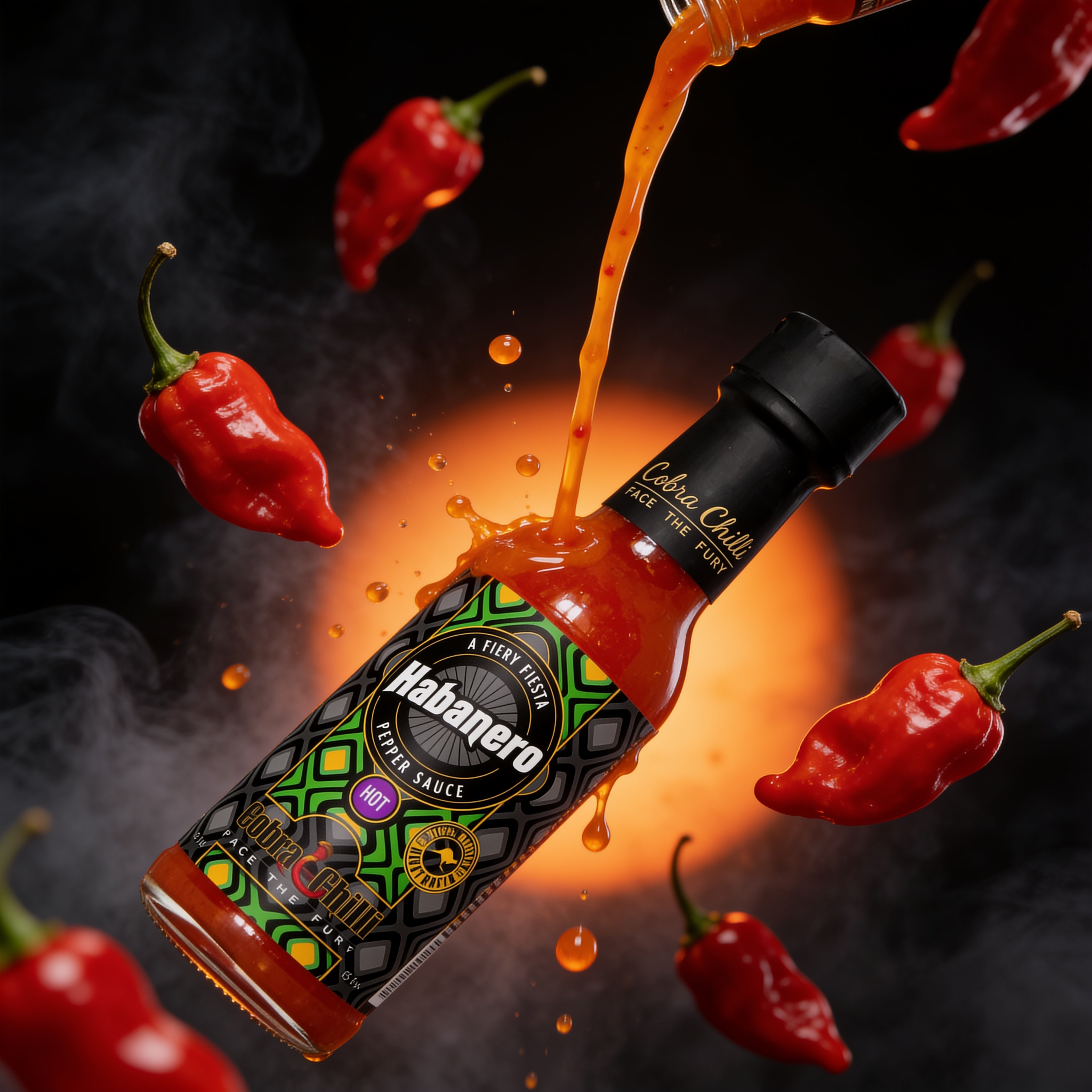 Cobra Chilli Habanero Pepper Sauce Hot 150ml hot sauce — dynamic action shot with habanero chillies