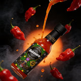 Cobra Chilli Habanero Pepper Sauce Hot 150ml hot sauce — dynamic action shot with habanero chillies