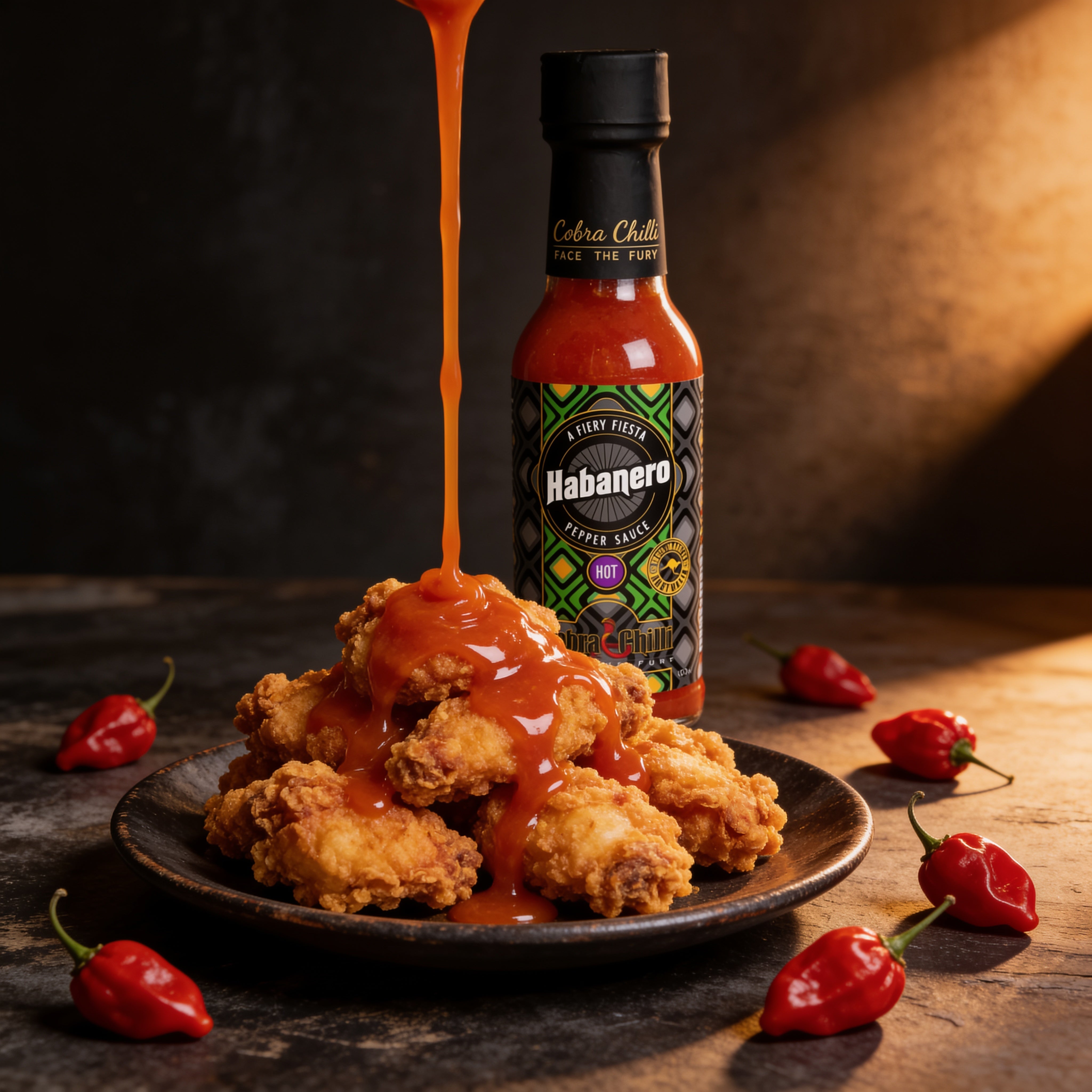 Cobra Chilli Habanero Pepper Sauce Hot 150ml hot sauce — drizzled over crispy fried chicken