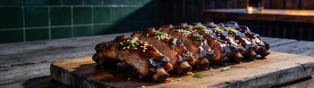 Pork ribs glazed in Cobra Chilli Hopinator Barbecue Sauce in a pub dining room