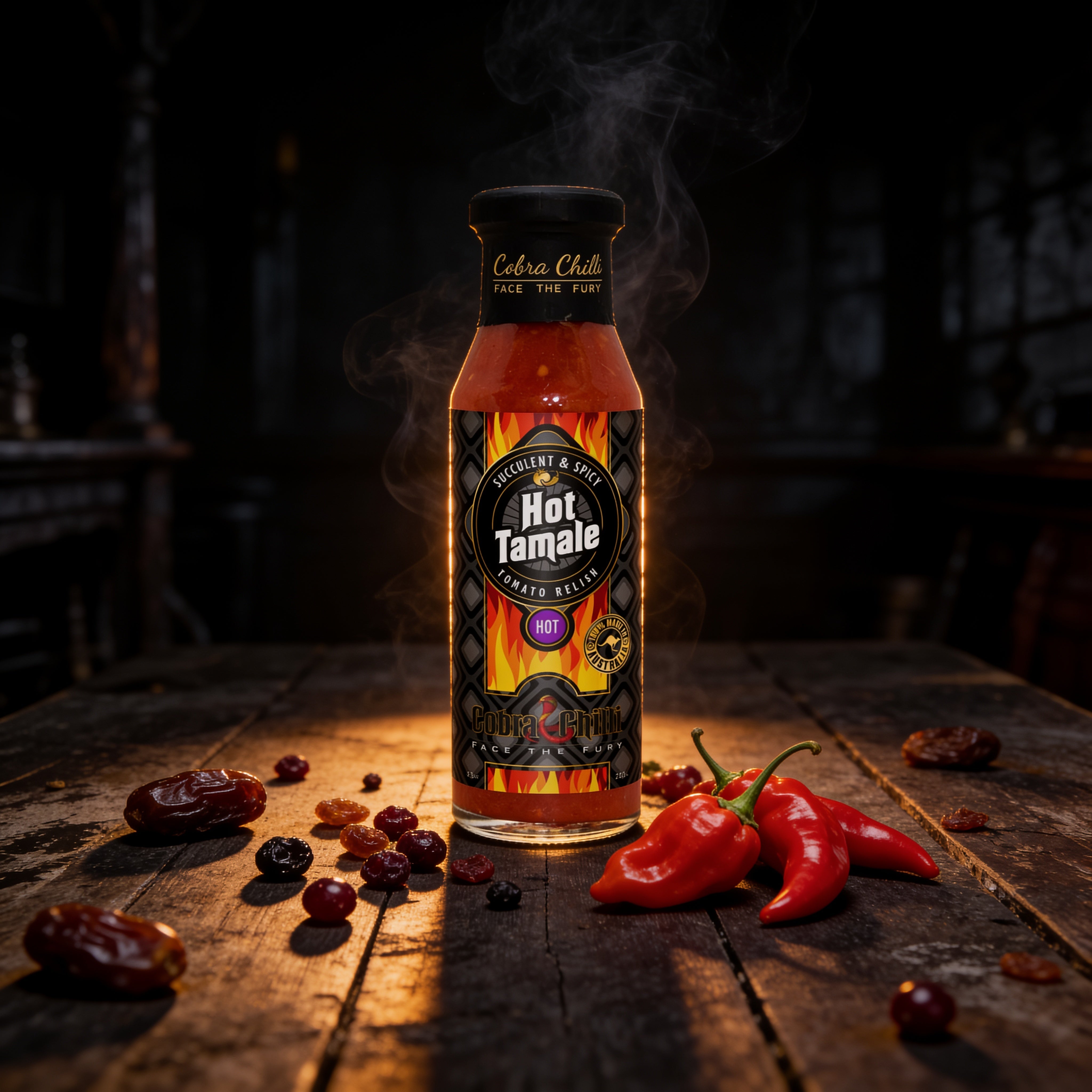Cobra Chilli Hot Tamale Tomato Relish Hot 250ml Tomato Relish — styled hero beauty shot in the Cobra Chilli dark gothic western aesthetic