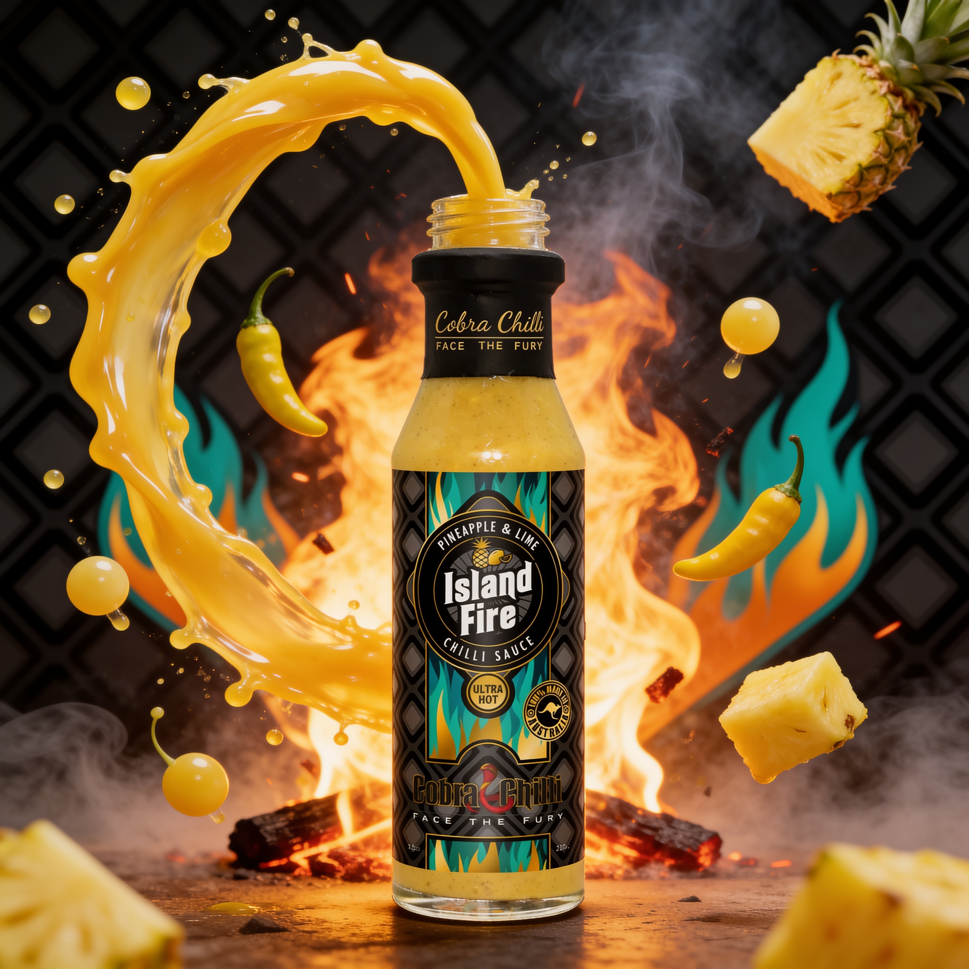 Cobra Chilli Island Fire Chilli Sauce Ultra Hot 250ml Hot Sauce — dynamic pouring action shot with fire and chilli splash