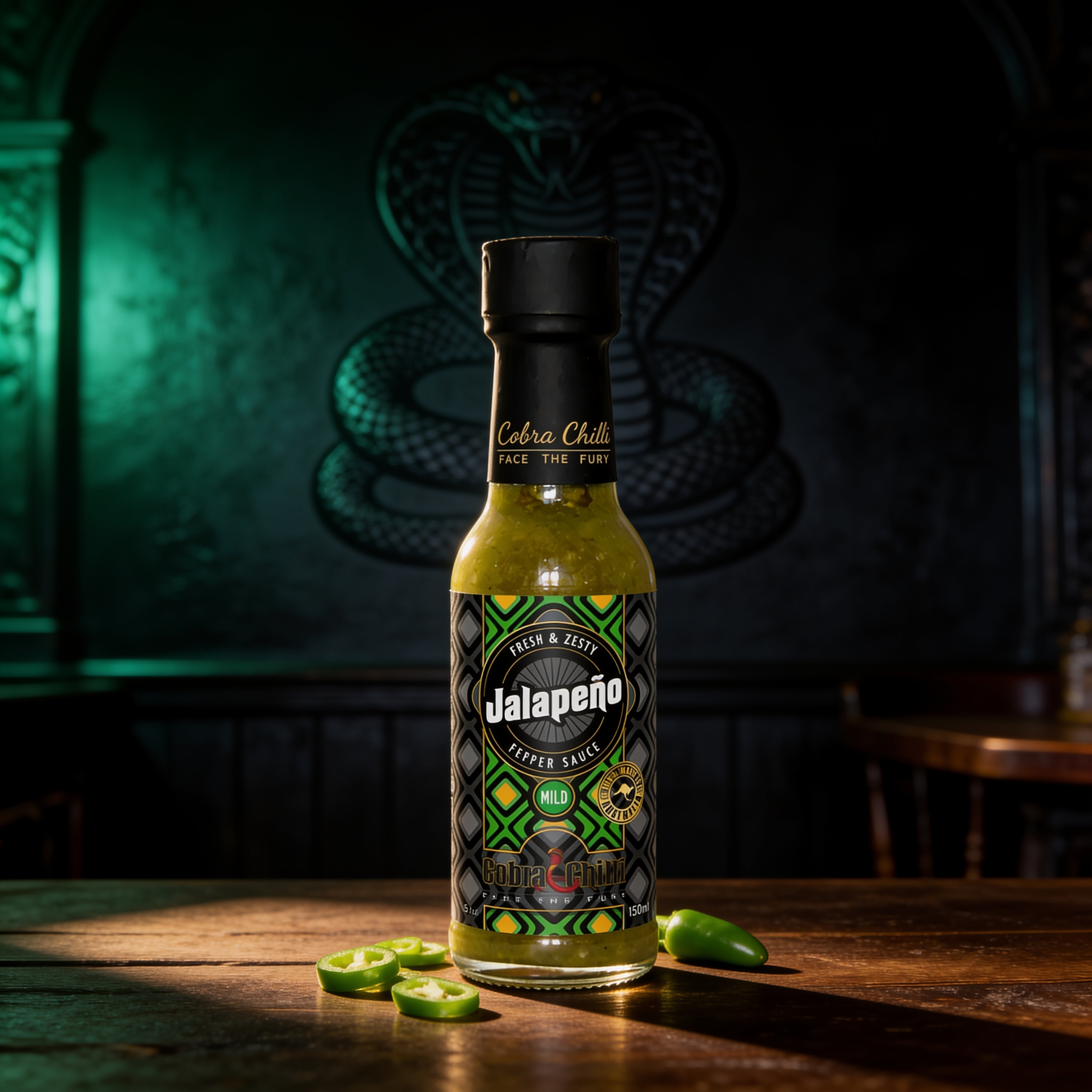 Cobra Chilli Jalapeño Pepper Sauce Mild 150ml hot sauce — styled hero shot in Cobra Chilli's gothic-western brand setting