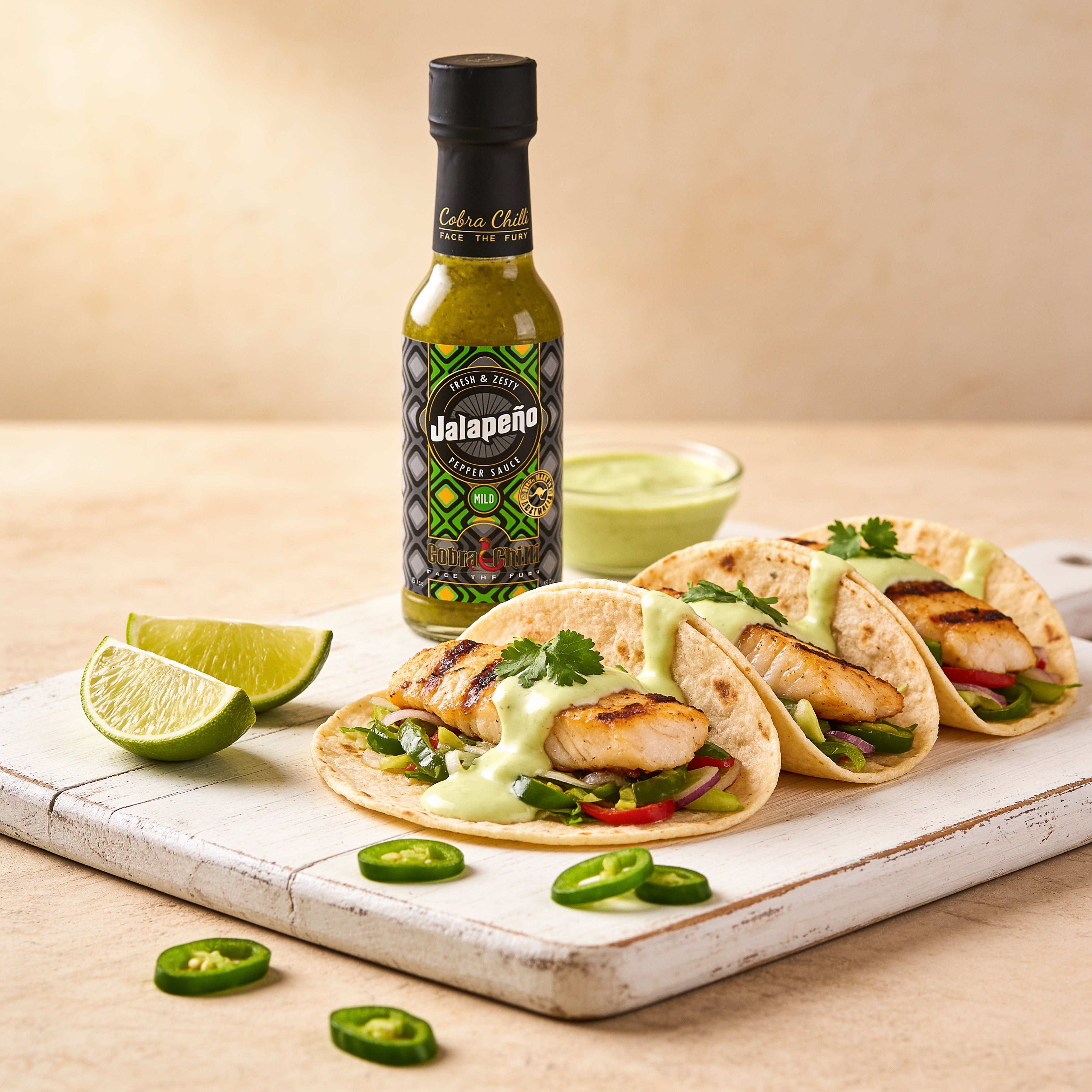 Cobra Chilli Jalapeño Pepper Sauce Mild 150ml hot sauce — drizzled over grilled fish tacos