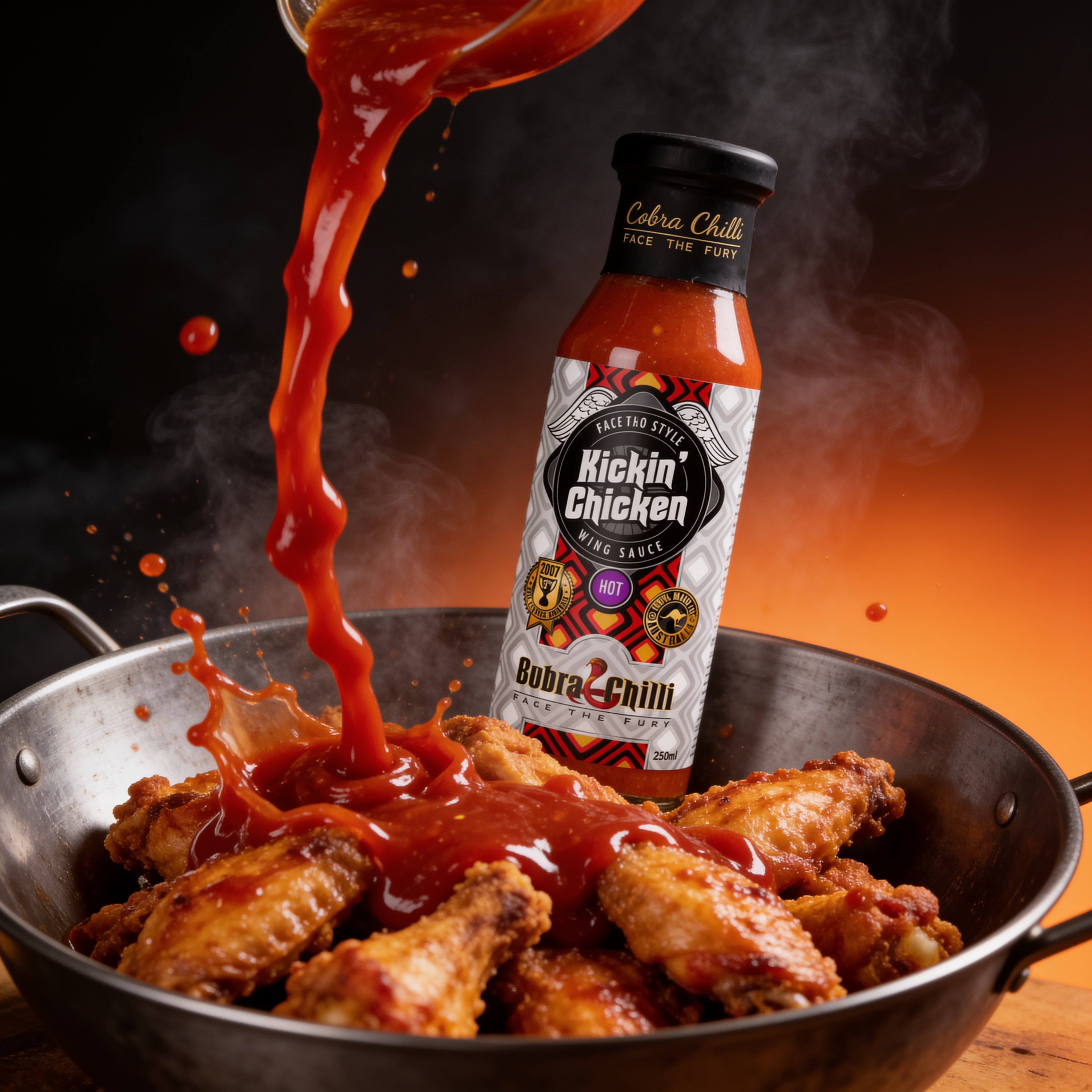 Cobra Chilli Kickin' Chicken Wing Sauce Hot 250ml hot sauce — dynamic action shot wing-tossing
