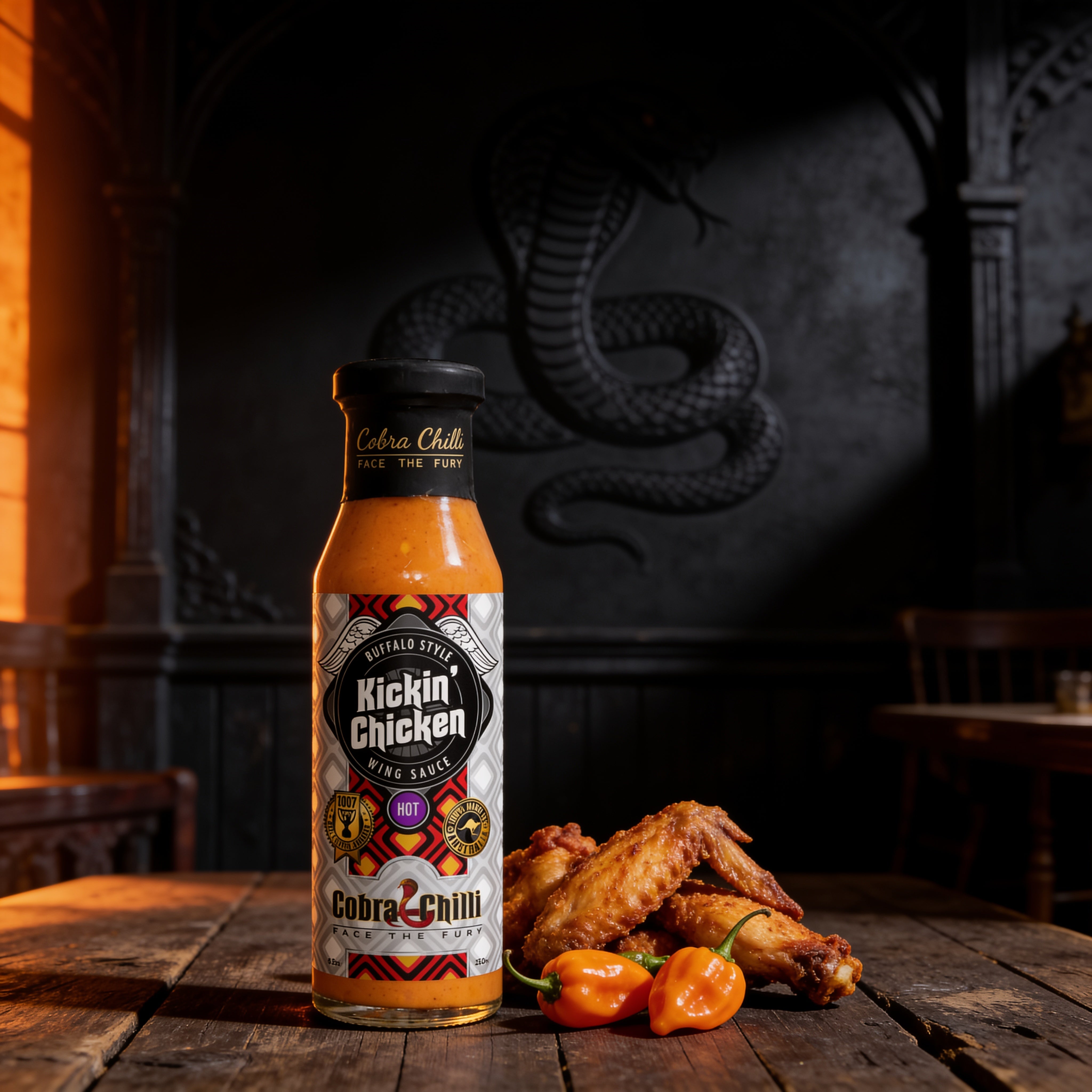 Cobra Chilli Kickin' Chicken Wing Sauce Hot 250ml hot sauce — styled hero shot in Cobra Chilli's gothic-western brand setting