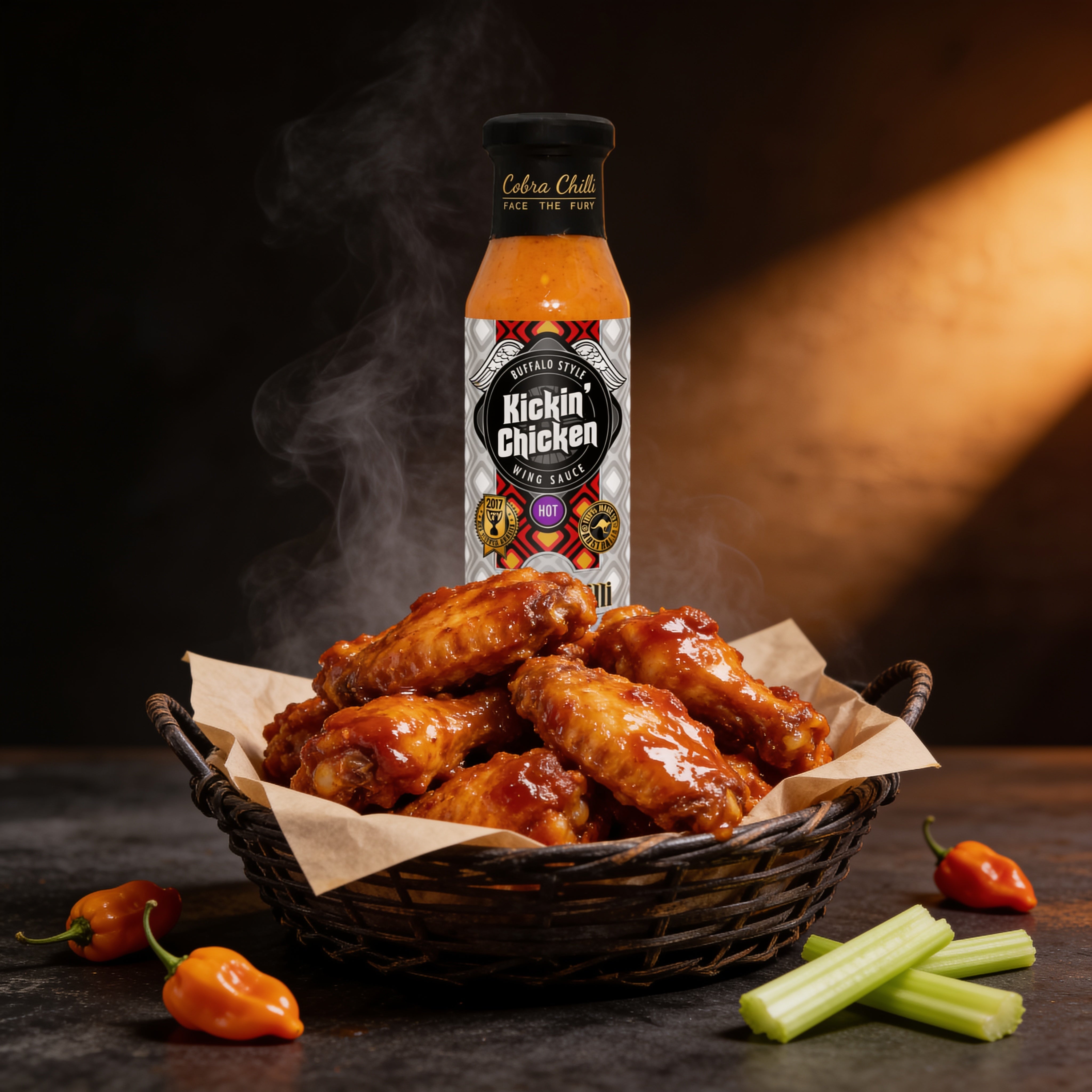 Cobra Chilli Kickin' Chicken Wing Sauce Hot 250ml hot sauce — coating a basket of buffalo-style chicken wings
