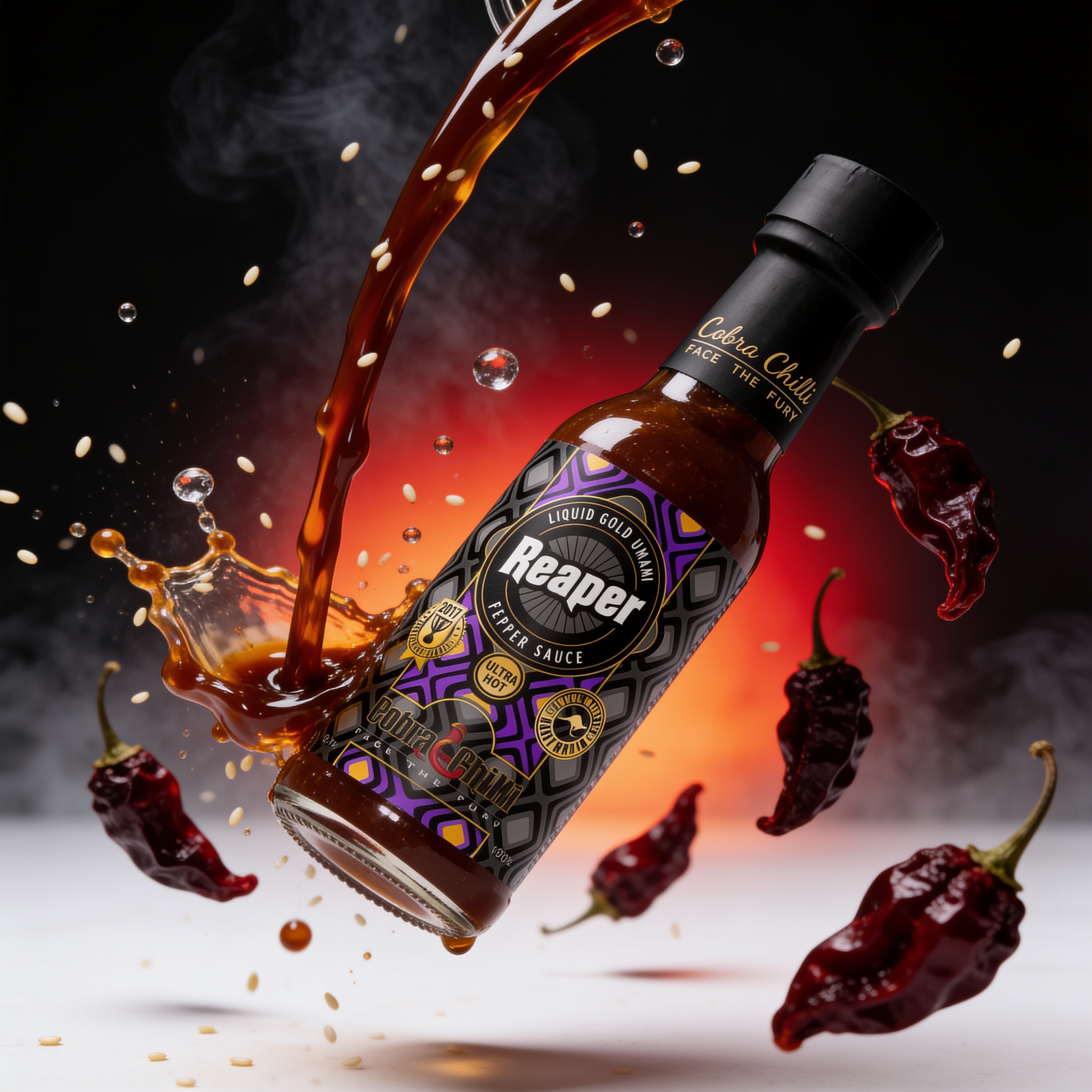 Cobra Chilli Reaper Magic Sauce Ultra Hot 150ml condiment — dynamic action shot with sesame and Carolina Reaper chillies
