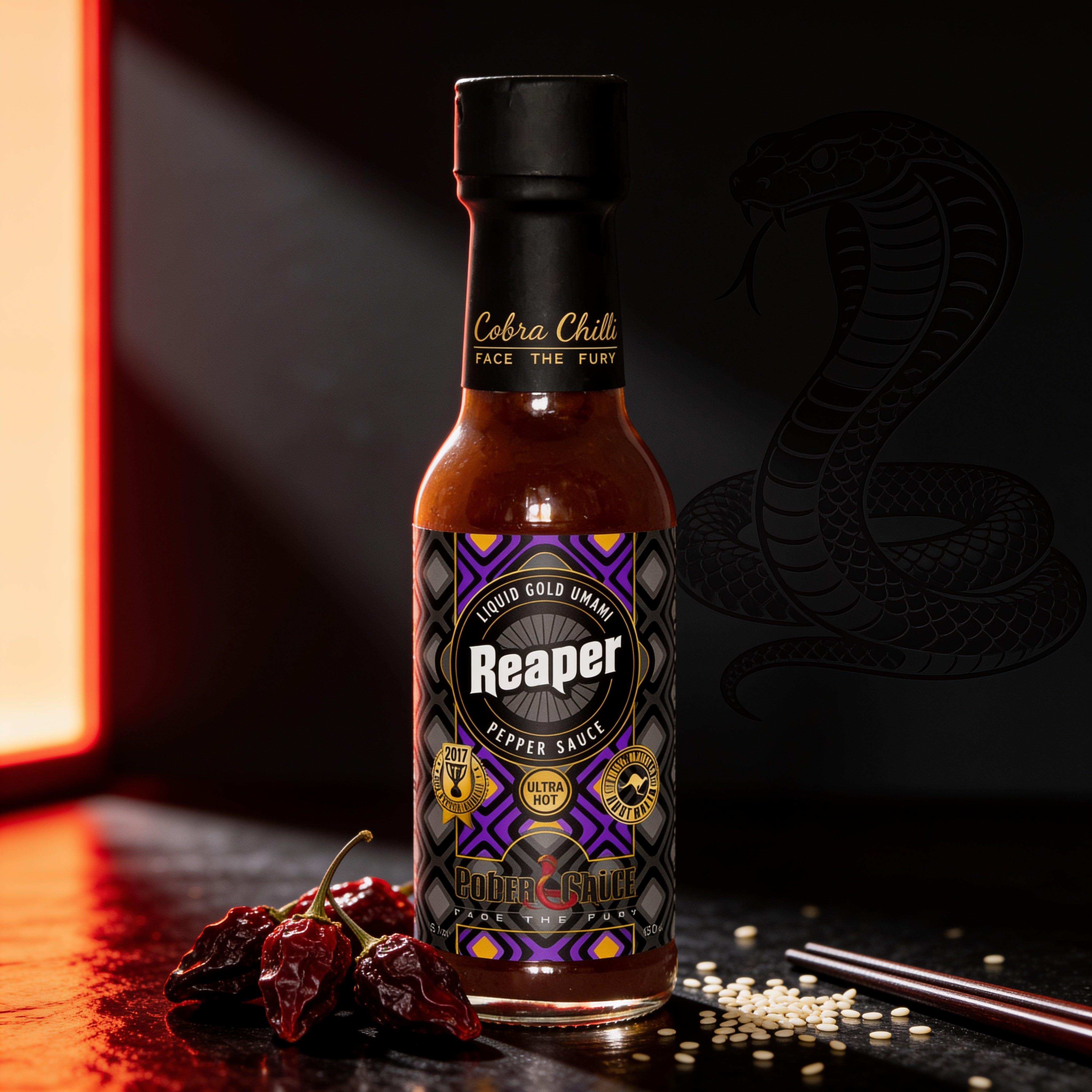 Cobra Chilli Reaper Magic Sauce Ultra Hot 150ml condiment — styled hero shot in Cobra Chilli's gothic-western brand setting