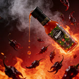 Cobra Chilli Reaper Pepper Sauce Extreme 150ml hot sauce — dynamic action shot with Carolina Reaper chillies