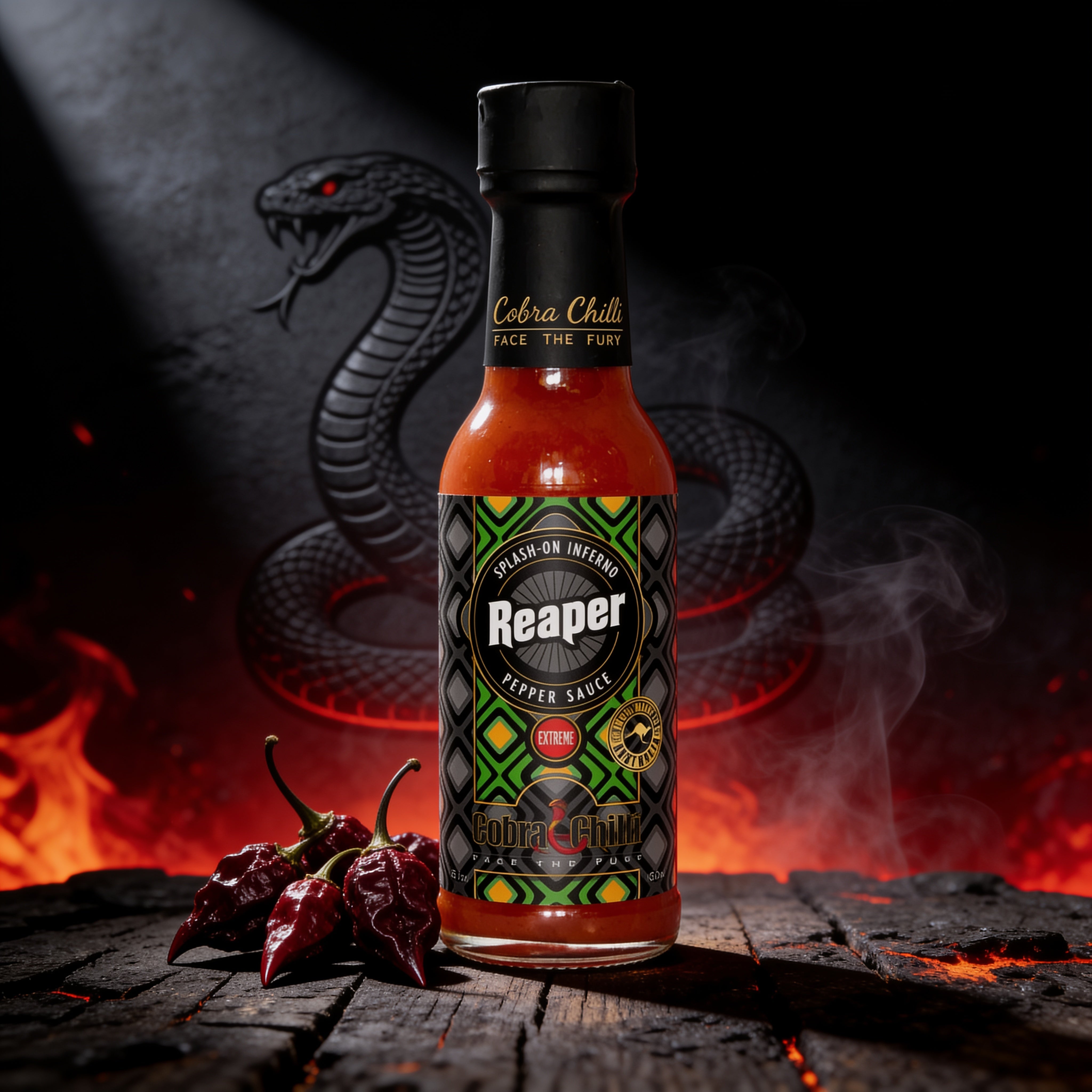 Cobra Chilli Reaper Pepper Sauce Extreme 150ml hot sauce — styled hero shot in Cobra Chilli's gothic-western brand setting