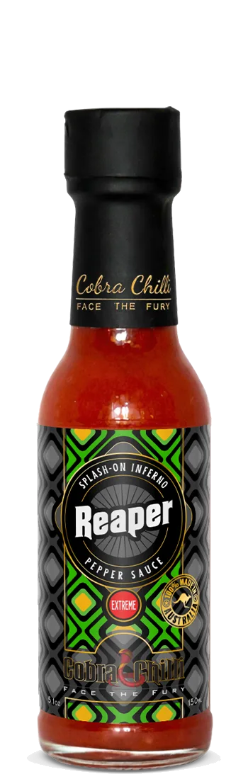 Cobra Chilli Reaper Pepper Sauce Extreme 150ml hot sauce — transparent bottle cutout, front view