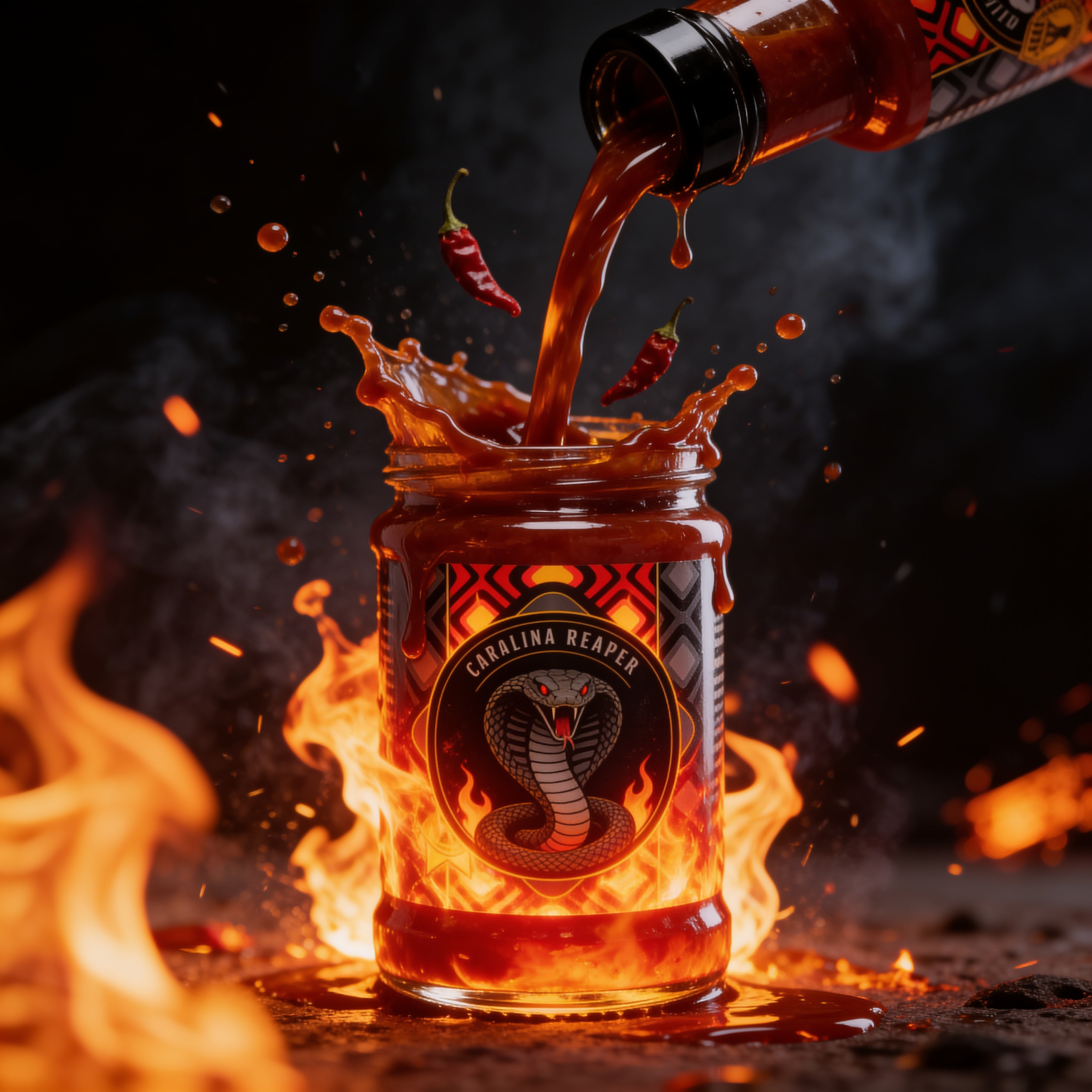 Cobra Chilli Reaper's Harvest Chilli Sauce Extreme 150ml Hot Sauce — dynamic fire and splash action shot