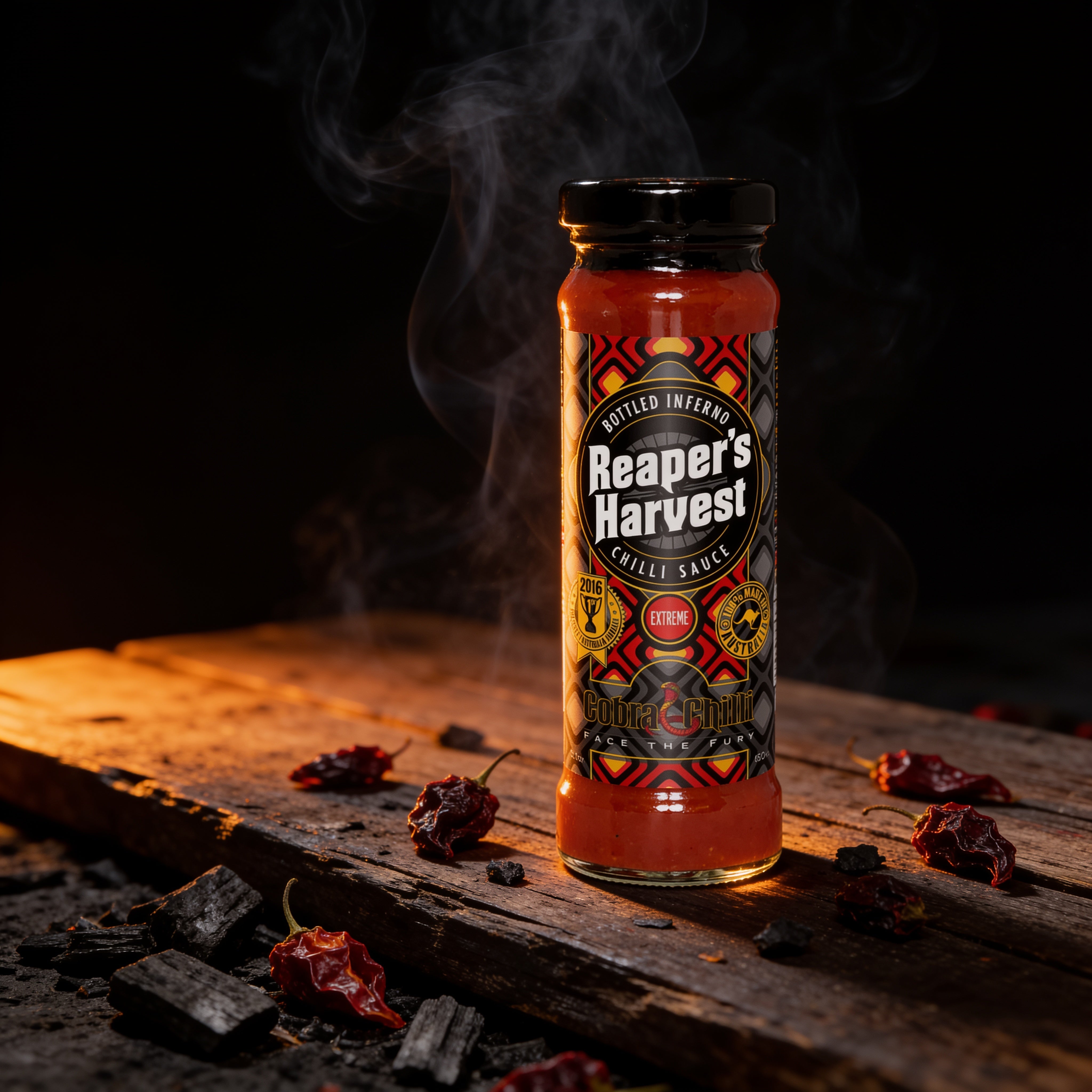 Cobra Chilli Reaper's Harvest Chilli Sauce Extreme 150ml Hot Sauce — styled hero beauty shot in the Cobra Chilli dark gothic western aesthetic