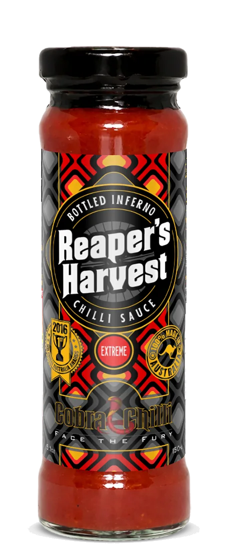 Cobra Chilli Reaper's Harvest Chilli Sauce Extreme 150ml Hot Sauce — transparent front cutout of the bottle