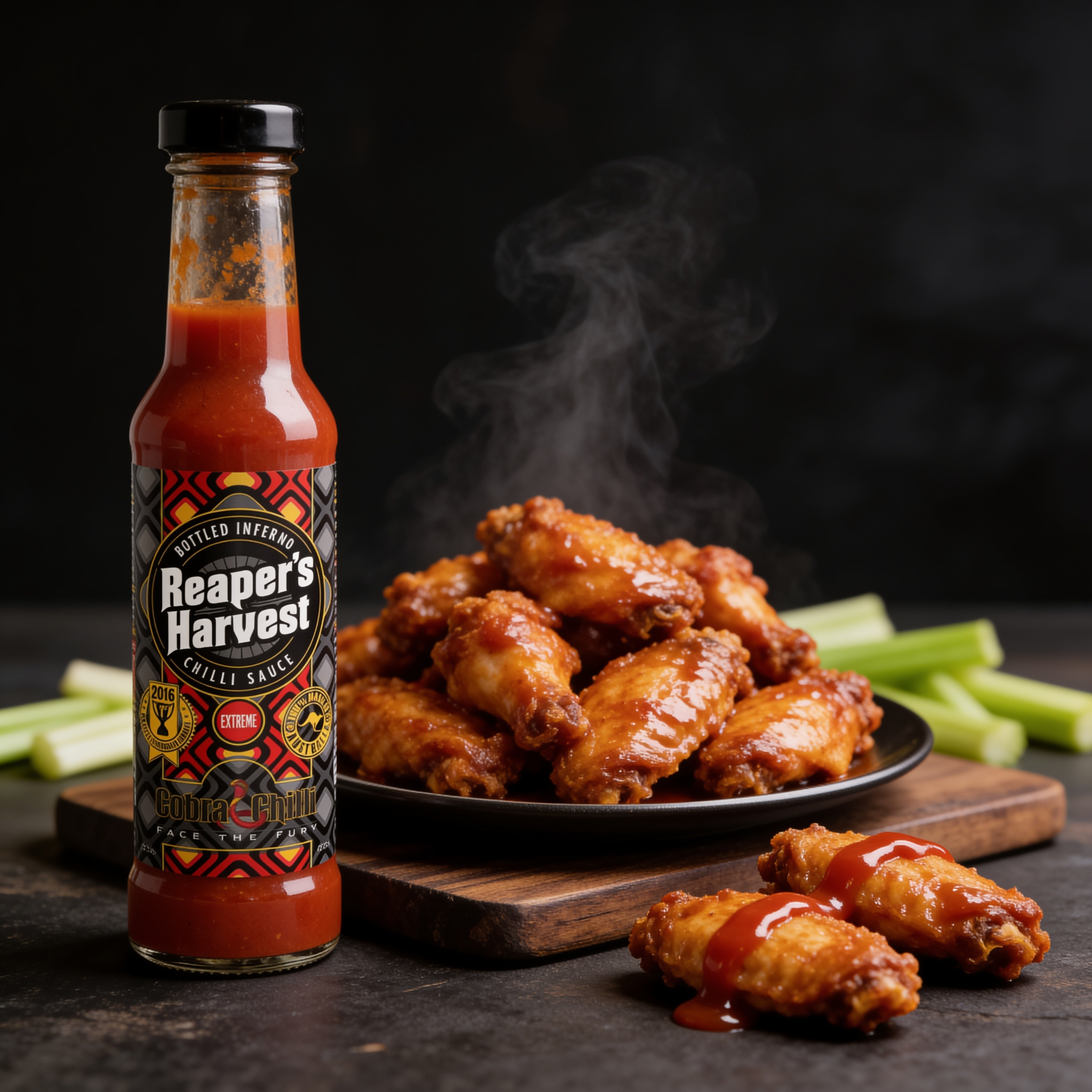 Cobra Chilli Reaper's Harvest Chilli Sauce Extreme 150ml Hot Sauce — tossed through fried chicken wings