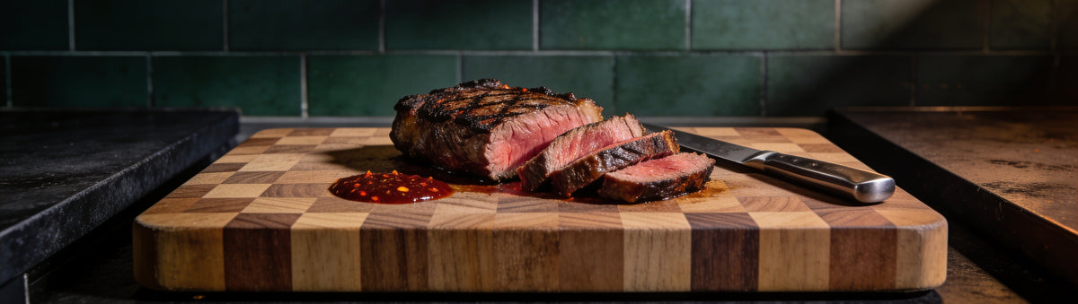 Sliced medium-rare rump steak with Cobra Chilli Reaper's Harvest Chilli Sauce on a butcher's block