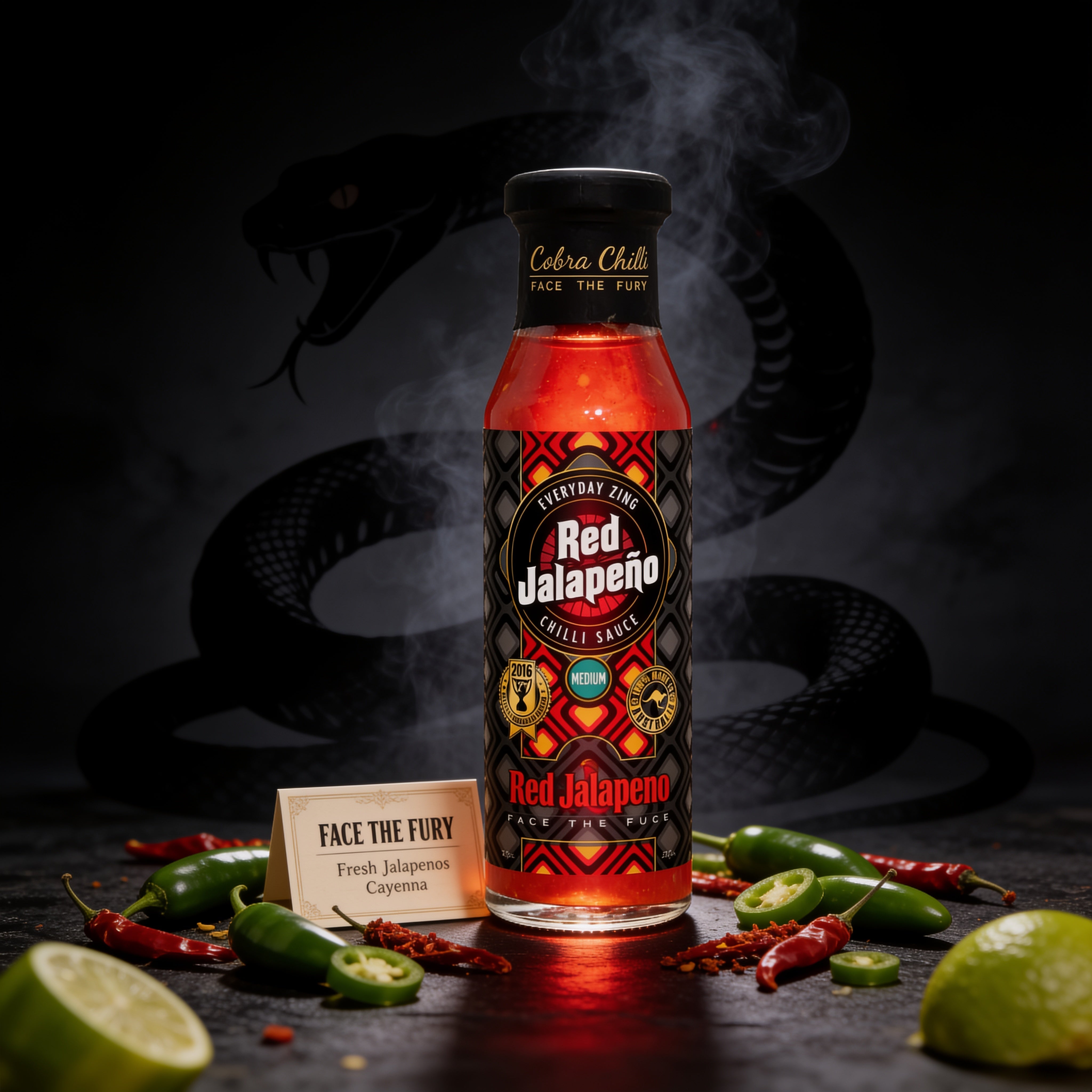 Cobra Chilli Red Jalapeño Chilli Sauce Medium 250ml Hot Sauce — styled hero shot with Face the Fury brand identity