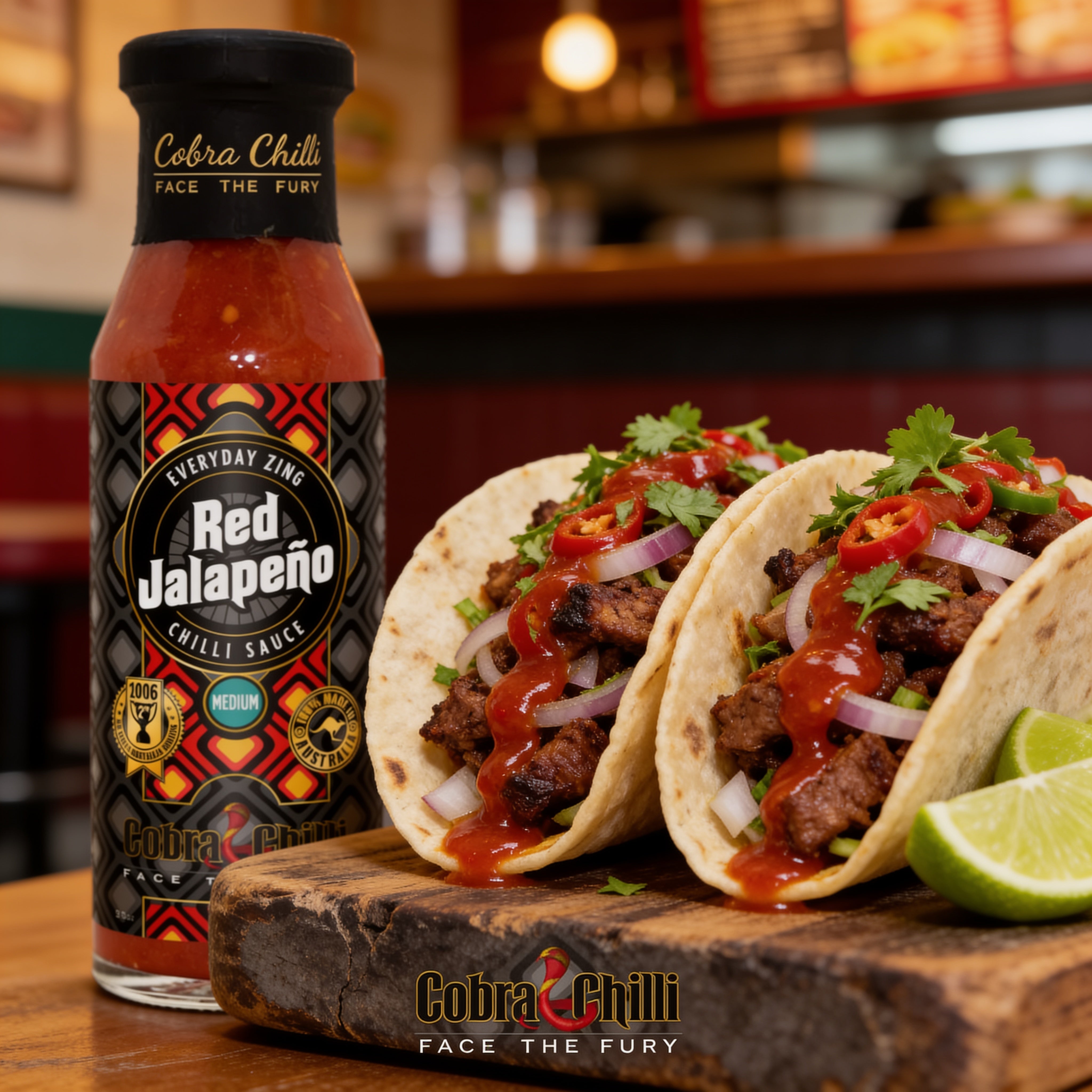 Cobra Chilli Red Jalapeño Chilli Sauce Medium 250ml Hot Sauce — drizzled over street-style tacos