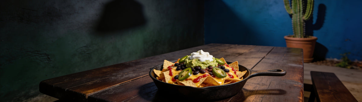 Loaded nachos with jalapenos and Cobra Chilli Red Jalapeno Chilli Sauce in a cast-iron skillet