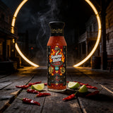 Cobra Chilli Summer Sizzle Chilli Sauce Medium 250ml Hot Sauce — styled hero beauty shot in the Cobra Chilli dark gothic western aesthetic
