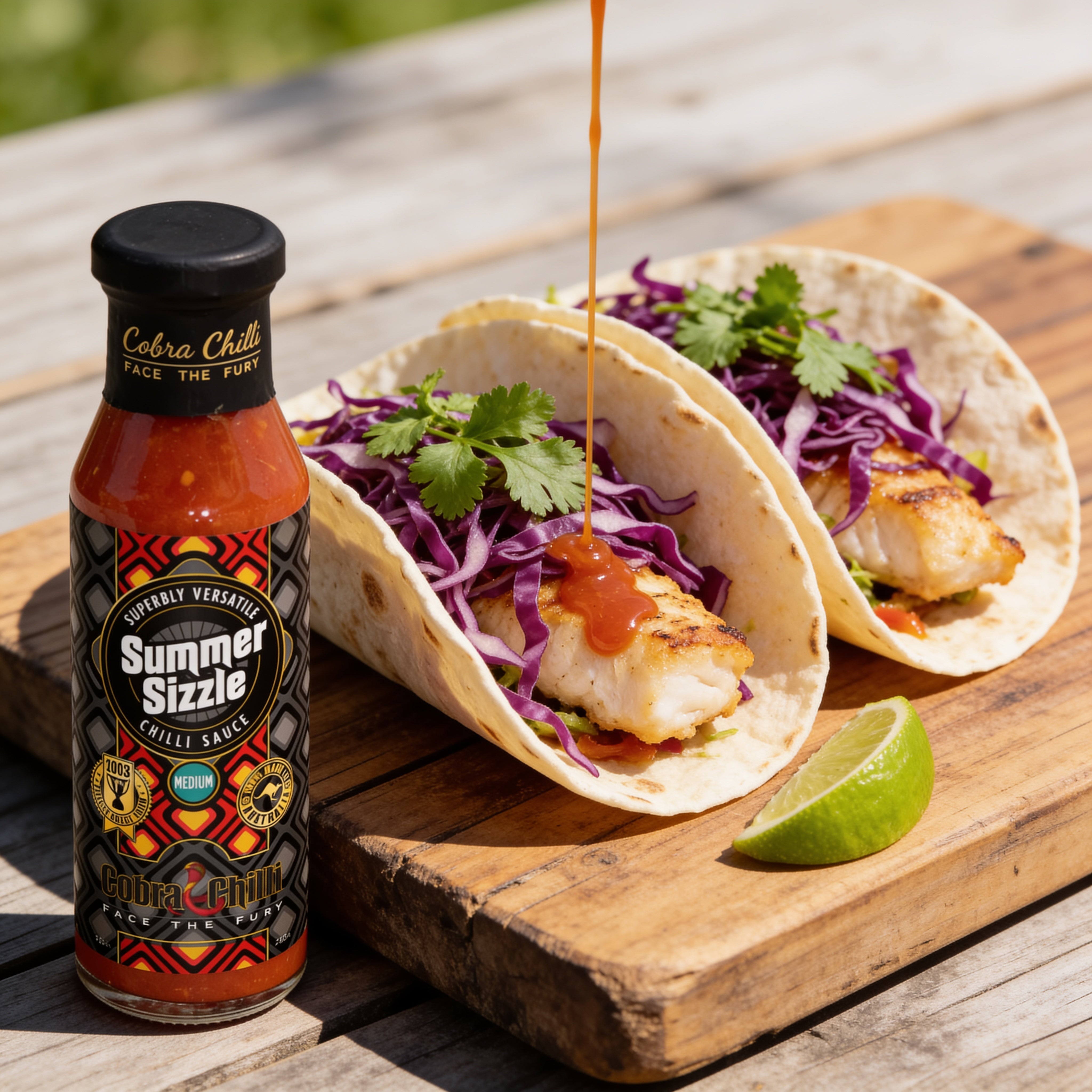 Cobra Chilli Summer Sizzle Chilli Sauce Medium 250ml Hot Sauce — drizzled over fresh Baja-style fish tacos