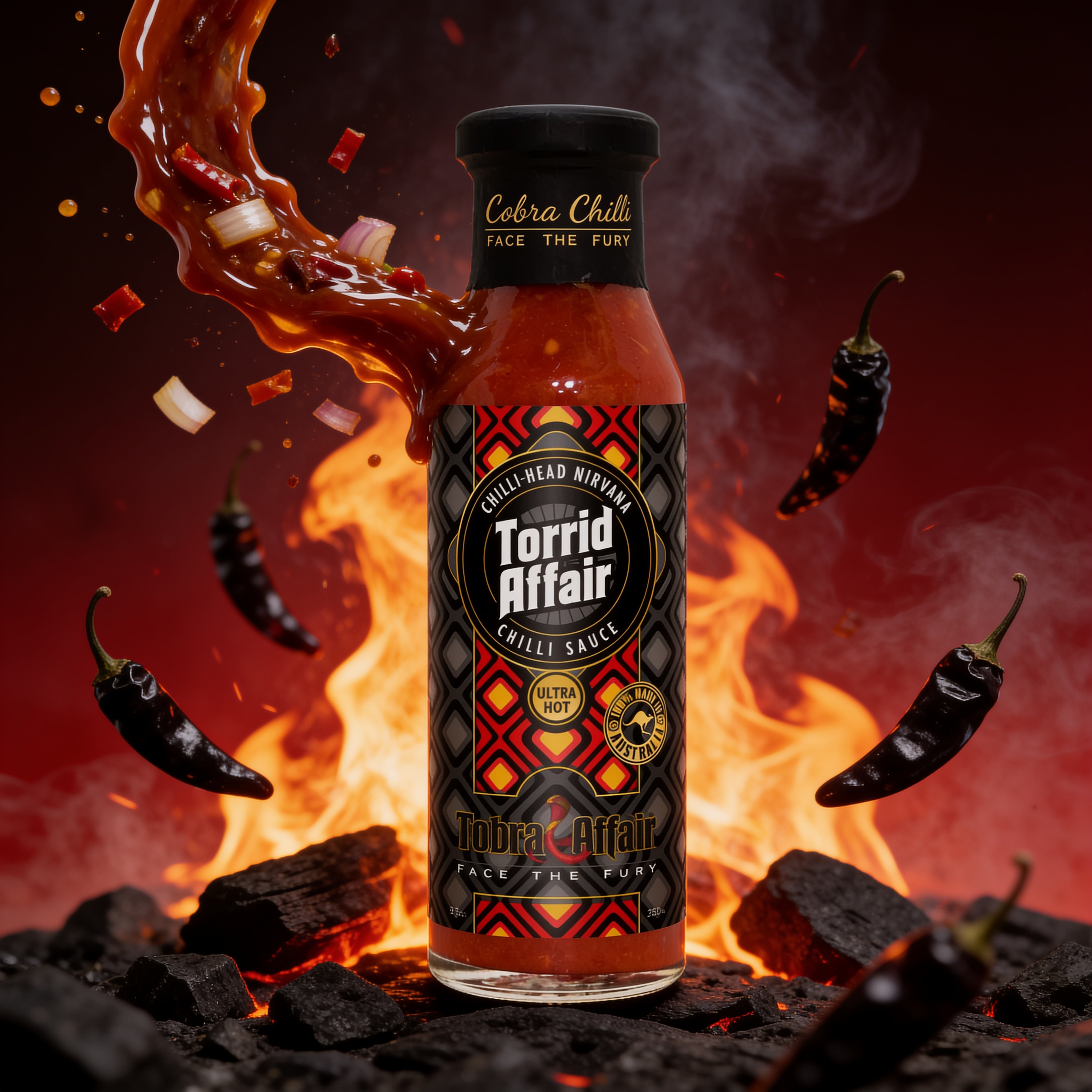 Cobra Chilli Torrid Affair Chilli Sauce Ultra Hot 250ml Hot Sauce — dynamic pouring action shot with fire and chilli splash