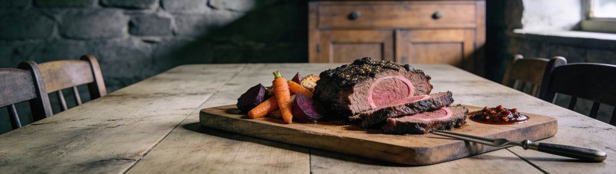 Sliced slow-cooked beef and roast root veg with Cobra Chilli Torrid Affair Chilli Sauce on a farmhouse table