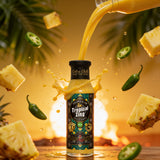 Cobra Chilli Tropical Zing Chilli Sauce Mild 250ml Hot Sauce — dynamic pouring action shot with fire and chilli splash