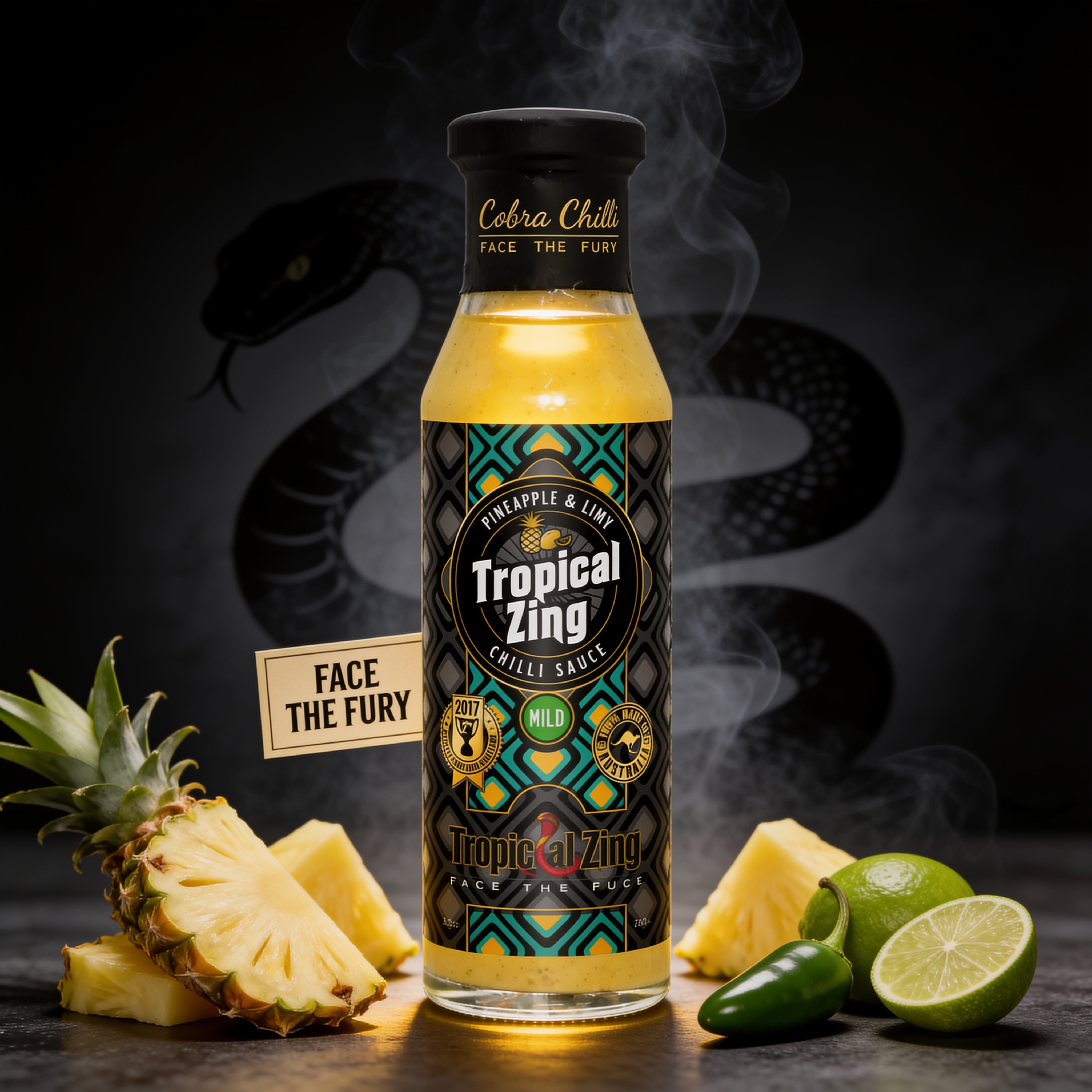 Cobra Chilli Tropical Zing Chilli Sauce Mild 250ml Hot Sauce — styled hero shot with Face the Fury brand identity