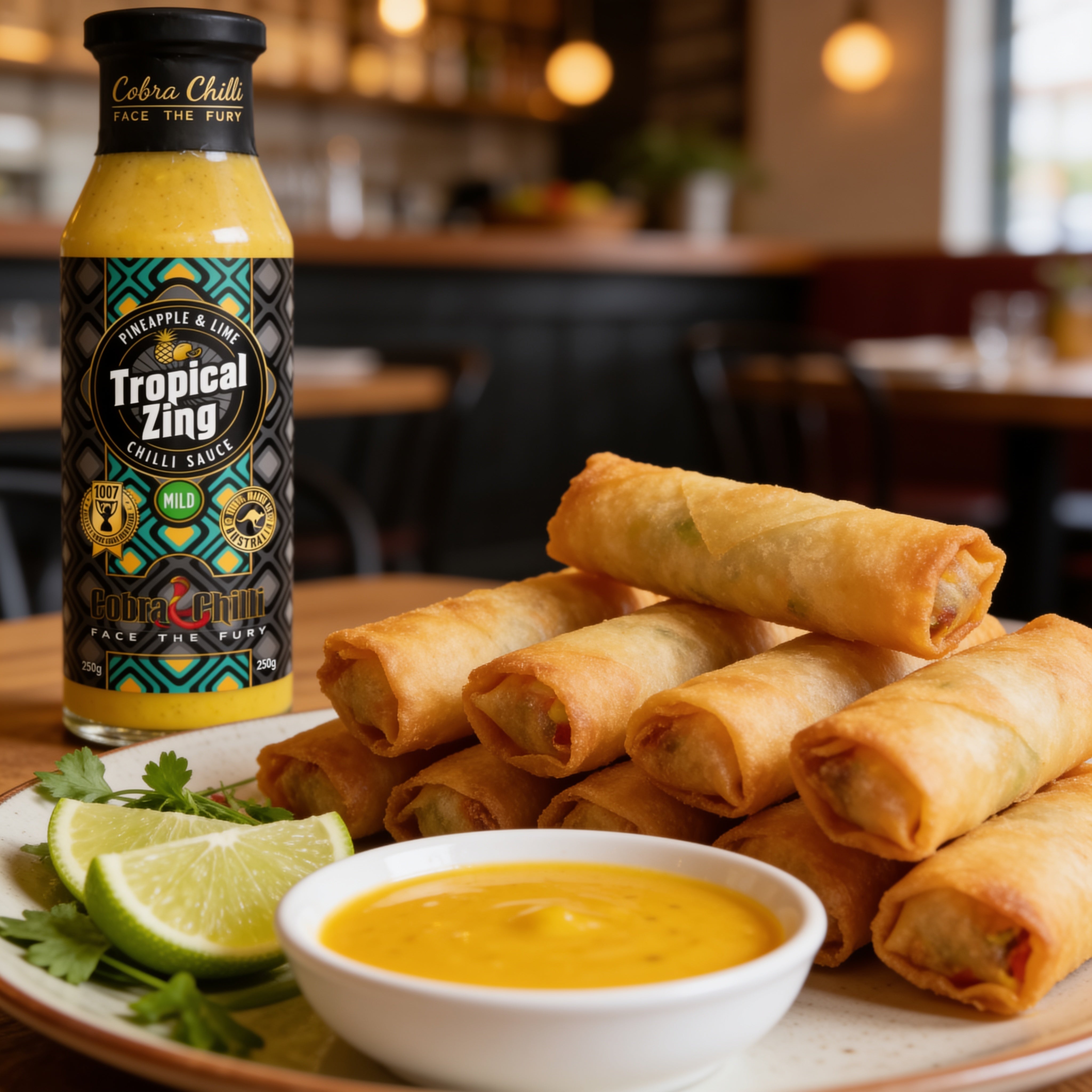Cobra Chilli Tropical Zing Chilli Sauce Mild 250ml Hot Sauce — drizzled over crispy spring rolls