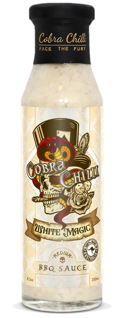 Cobra Chilli White Magic BBQ Sauce Medium 250ml BBQ Sauce — transparent front cutout of the bottle