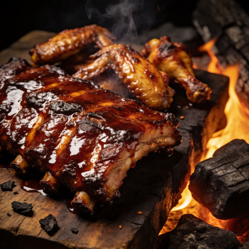 Sticky bourbon-cola glazed ribs and wings over open flame, dark lacquered bark and glossy glaze lifestyle photo