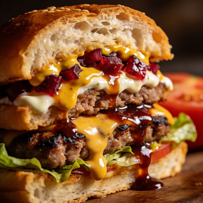Fully loaded burger with glossy condiment toppings lifestyle photo