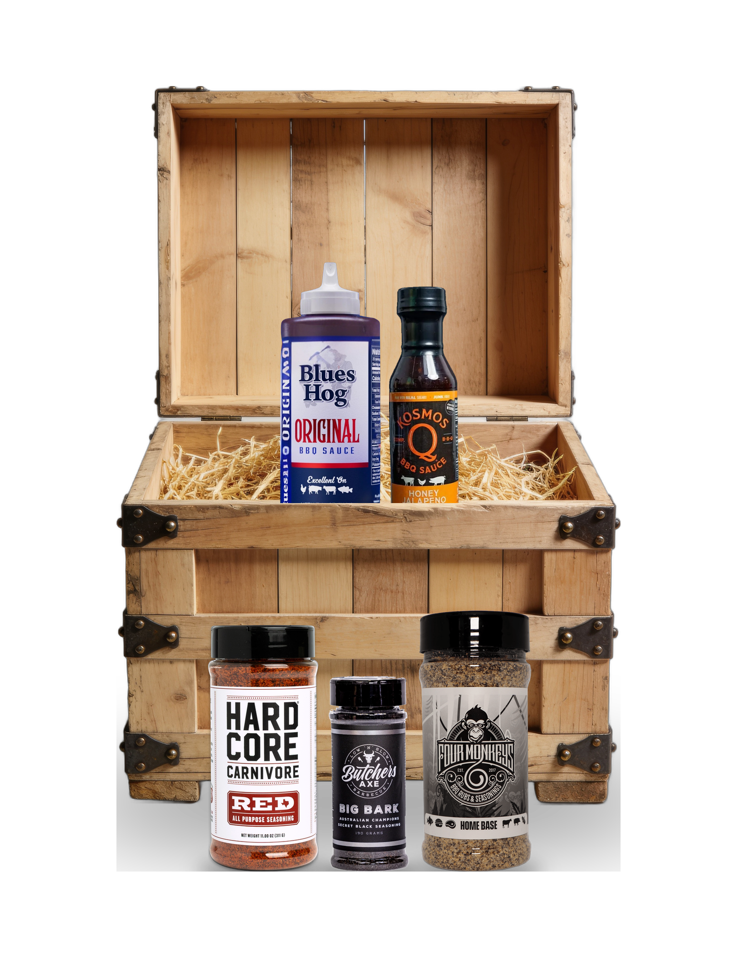 The Rub Hub The First Mate BBQ subscription box — example crate with Blues Hog Original, Kosmos Q Honey Jalapeño, Hardcore Carnivore Red, Butchers Axe Big Bark and Four Monkeys Home Base — contents change monthly, on transparent background