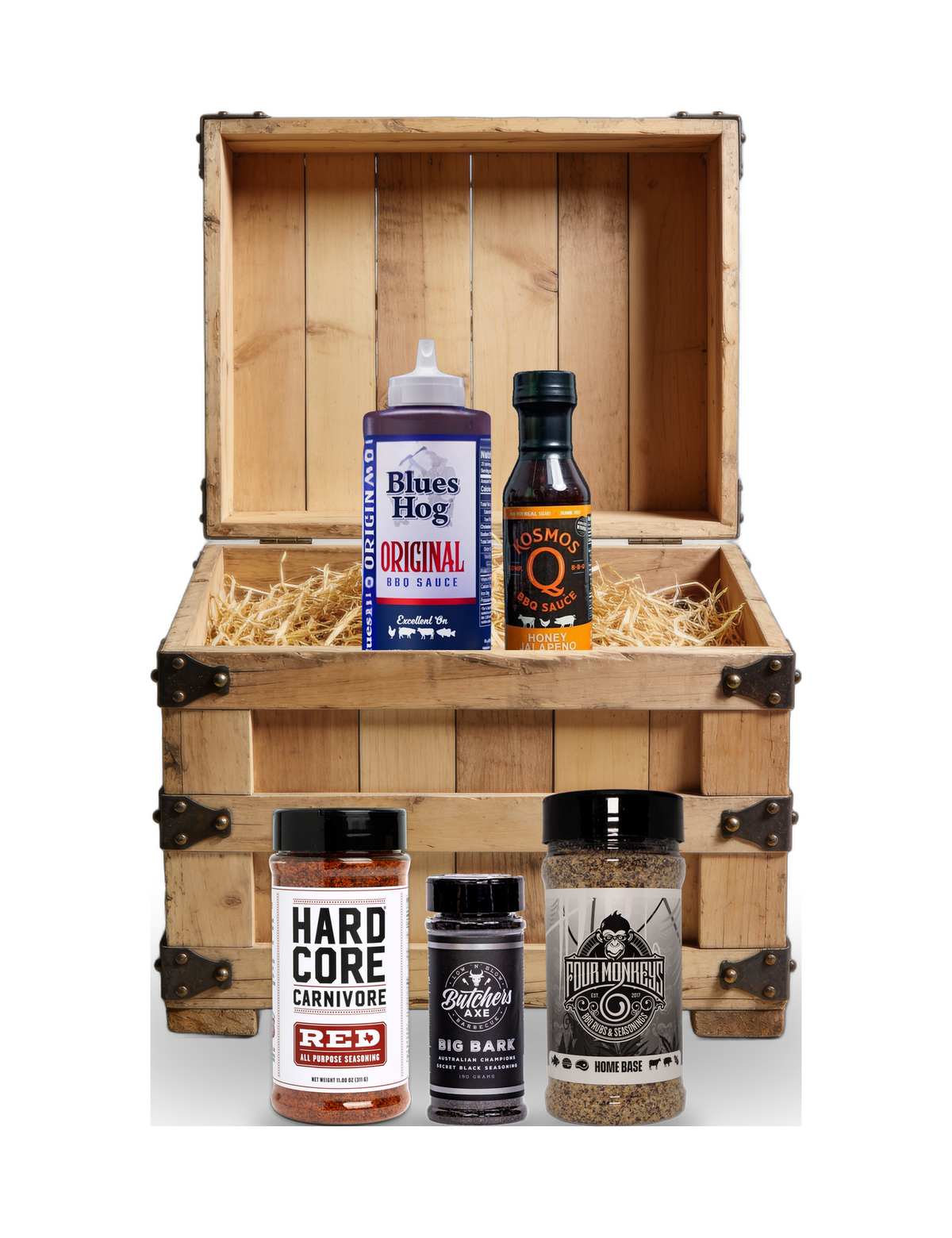 The Rub Hub The First Mate BBQ subscription box — example crate with Blues Hog Original, Kosmos Q Honey Jalapeño, Hardcore Carnivore Red, Butchers Axe Big Bark and Four Monkeys Home Base — contents change monthly, on transparent background