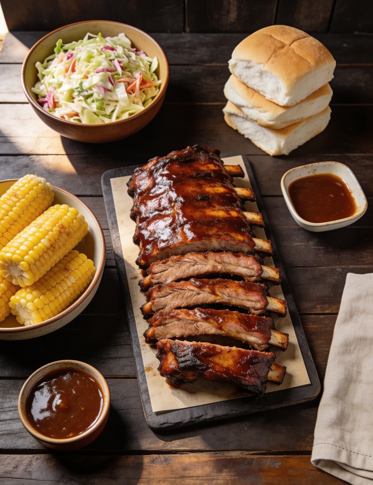 The First Mate lifestyle — pork rib feast with coleslaw, corn and white bread