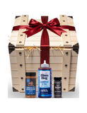 The Rub Hub The Smuggler's Gift Crate BBQ gift box — red-ribboned gift crate with example Three Little Pigs KC Championship, Blues Hog Champions' Blend and Butchers Axe Big Bark, on transparent background