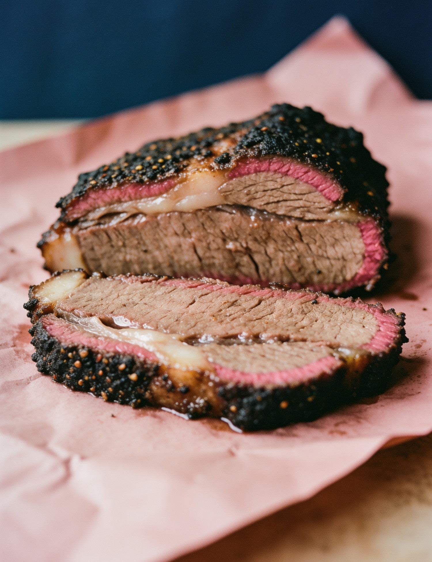 The Kingpin lifestyle — close-up of brisket slices showing bark and pink ring