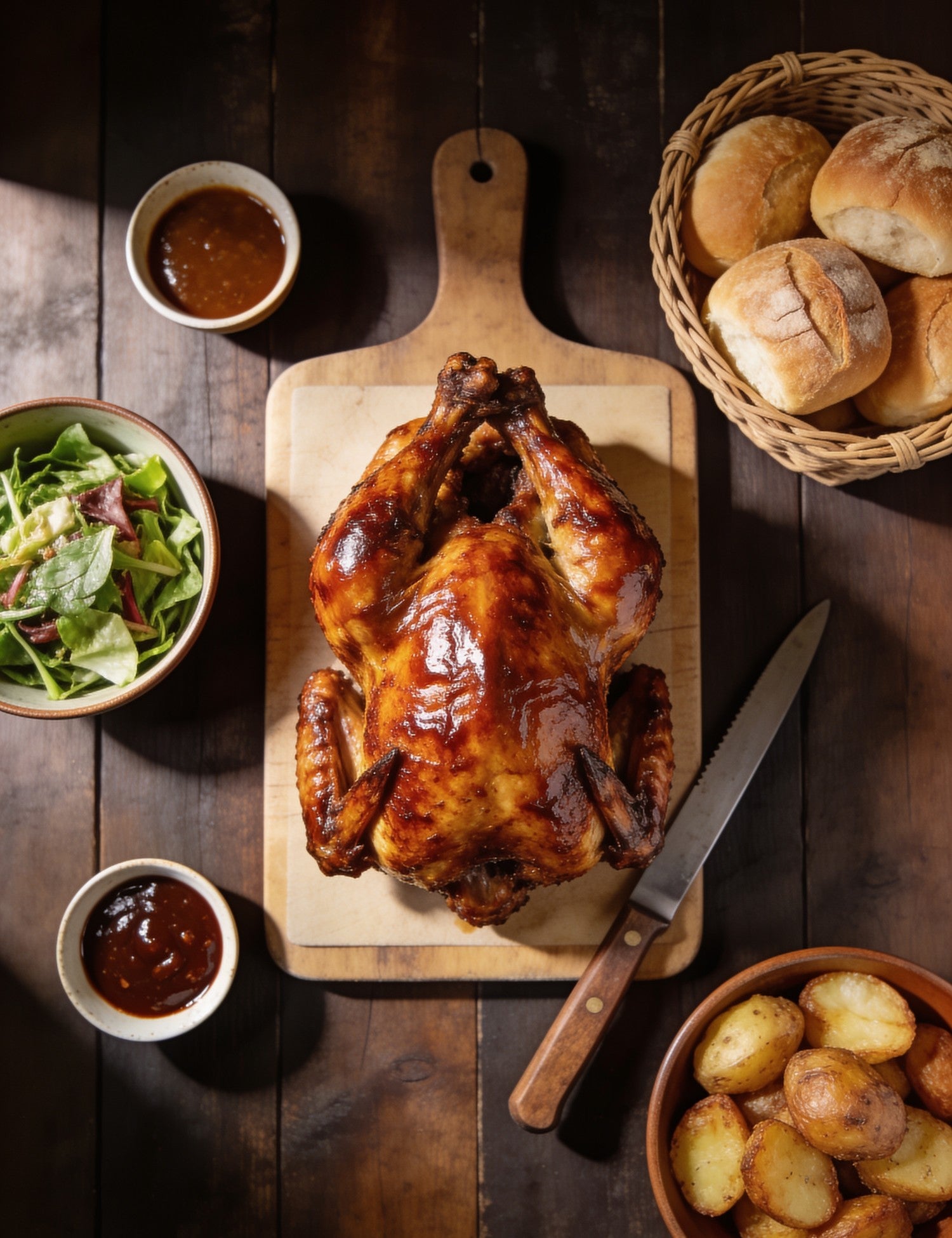 The Mystery Crate lifestyle — roast chicken dinner spread with salad, rolls and potatoes