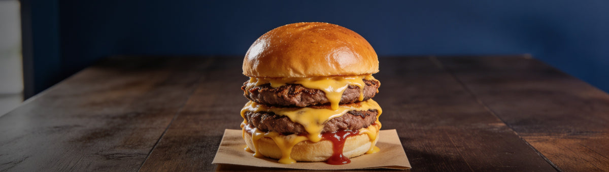 The Stowaway banner — double cheeseburger with melted cheese on brown paper
