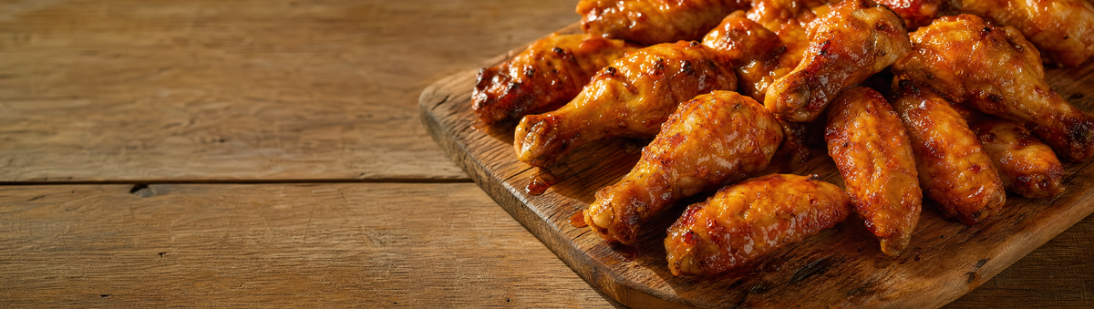 Glossy amber-glazed chicken wings and drumsticks on a platter