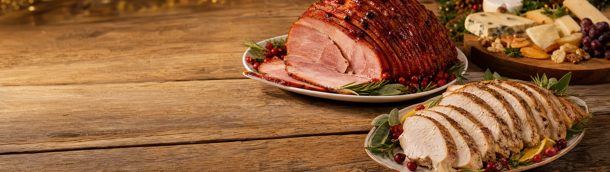 A glazed holiday ham and sliced turkey on a festive wood table