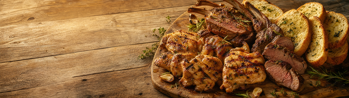Grilled chicken and roast lamb with garlic bread on a rustic wood table