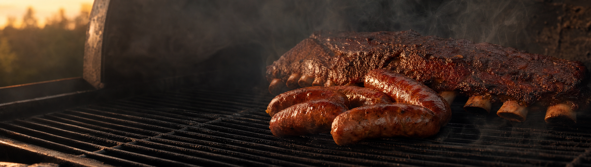 Hickory-glazed pork ribs and sausages resting on a smoker with visible smoke wisps
