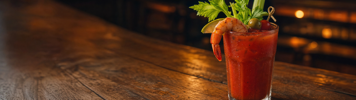 A garnished Bloody Mary cocktail with a shrimp garnish on a rustic bar table